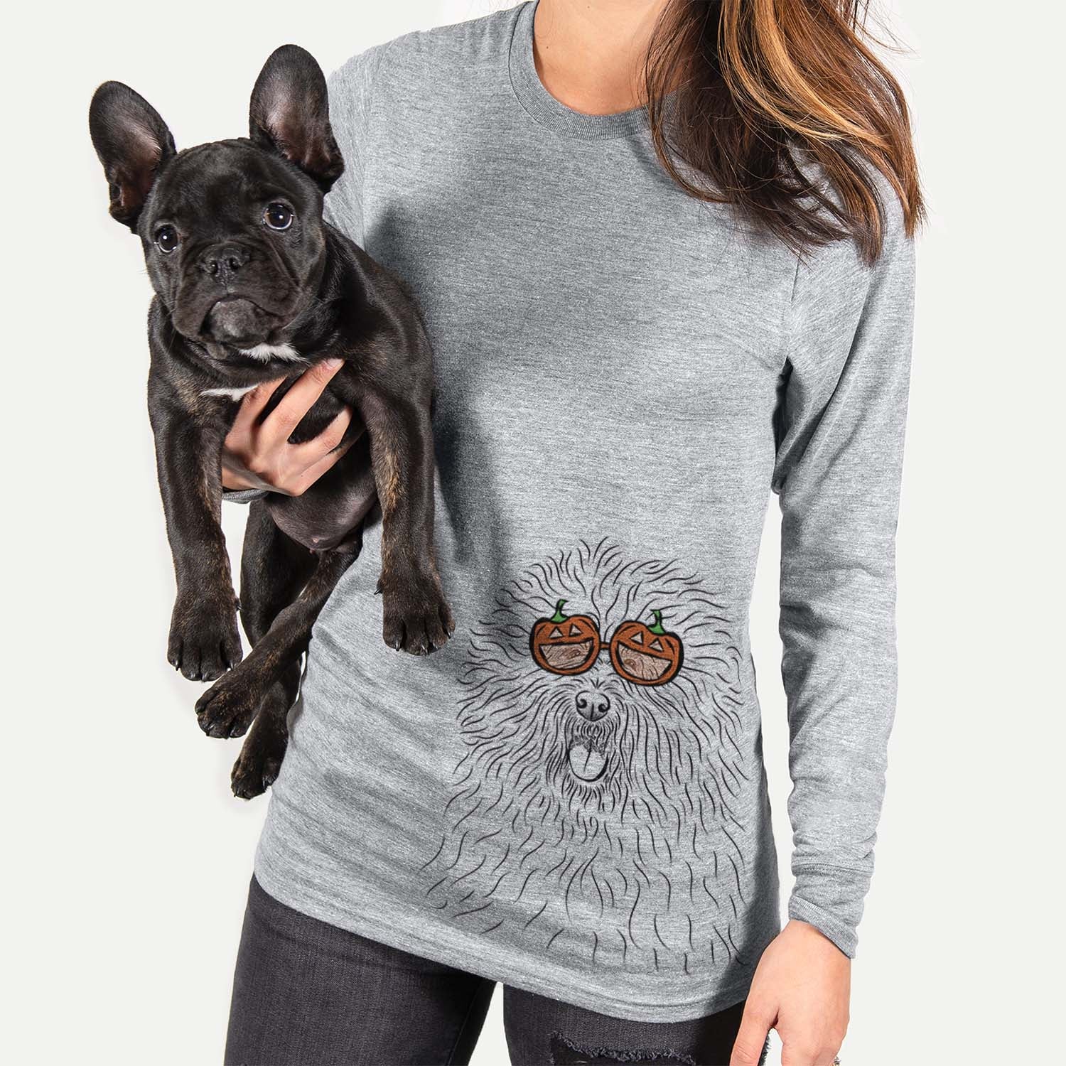 Hand-drawn sketch of Cozie the Old English Sheepdog wearing pumpkin glasses on a Grey pumpkin collection