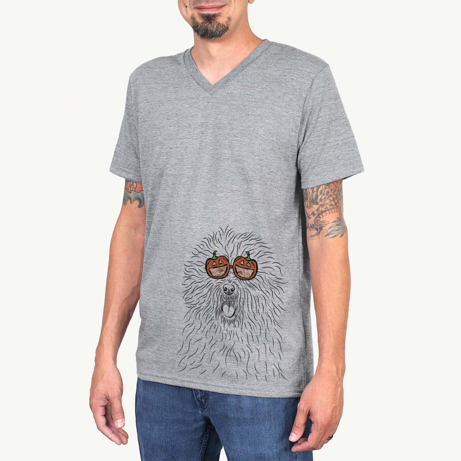 Hand-drawn sketch of Cozie the Old English Sheepdog wearing pumpkin glasses on a Grey pumpkin collection