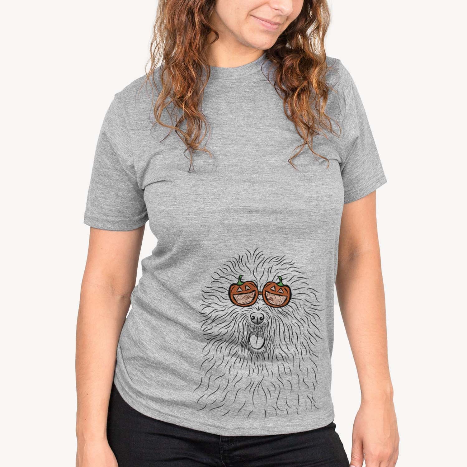 Hand-drawn sketch of Cozie the Old English Sheepdog wearing pumpkin glasses on a Grey pumpkin collection, on a hanger