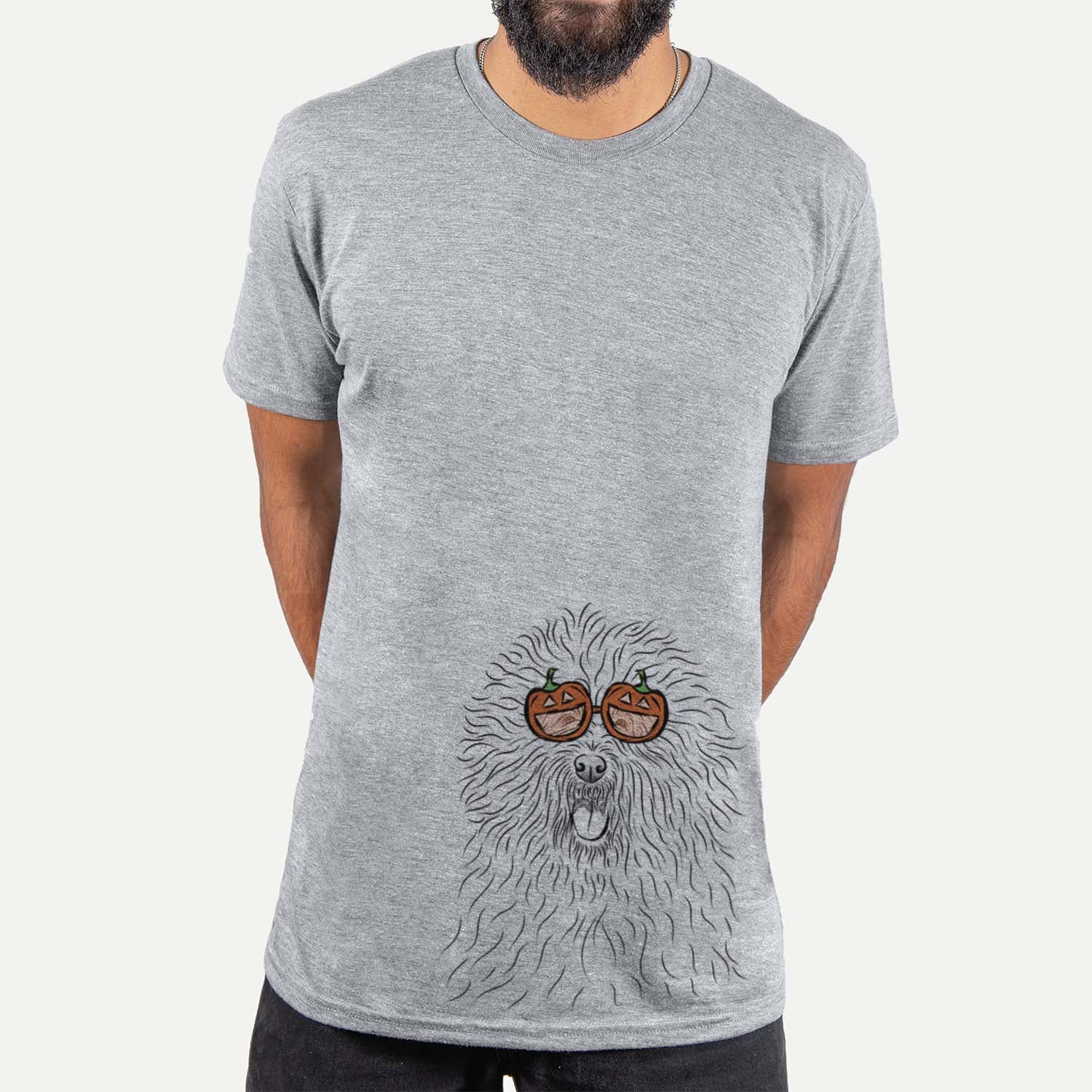 Hand-drawn sketch of Cozie the Old English Sheepdog wearing pumpkin glasses on a Grey pumpkin collection, hanging on a wall