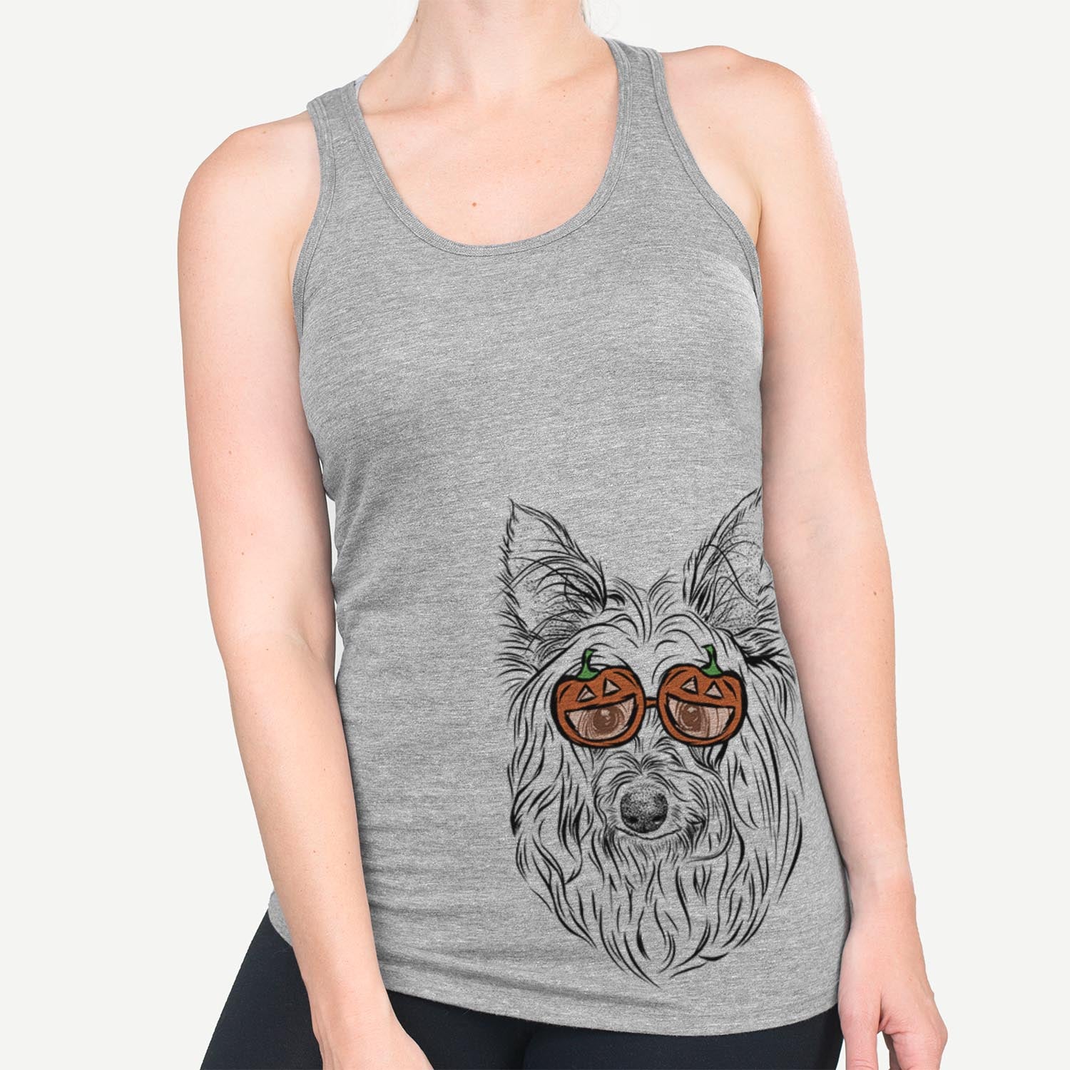 Hand-drawn sketch of Daisy May the Silky Terrier wearing pumpkin glasses on a Grey pumpkin collection