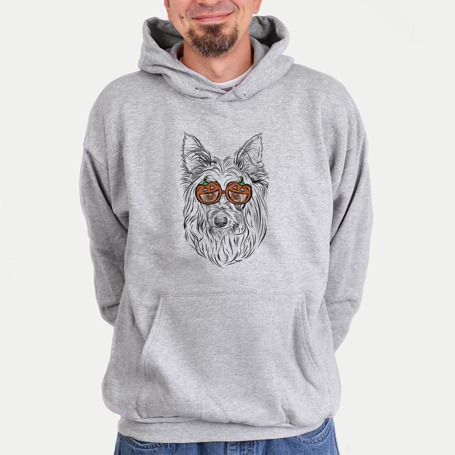 Hand-drawn sketch of Daisy May the Silky Terrier wearing pumpkin glasses on a Grey pumpkin collection, hanging on a wall
