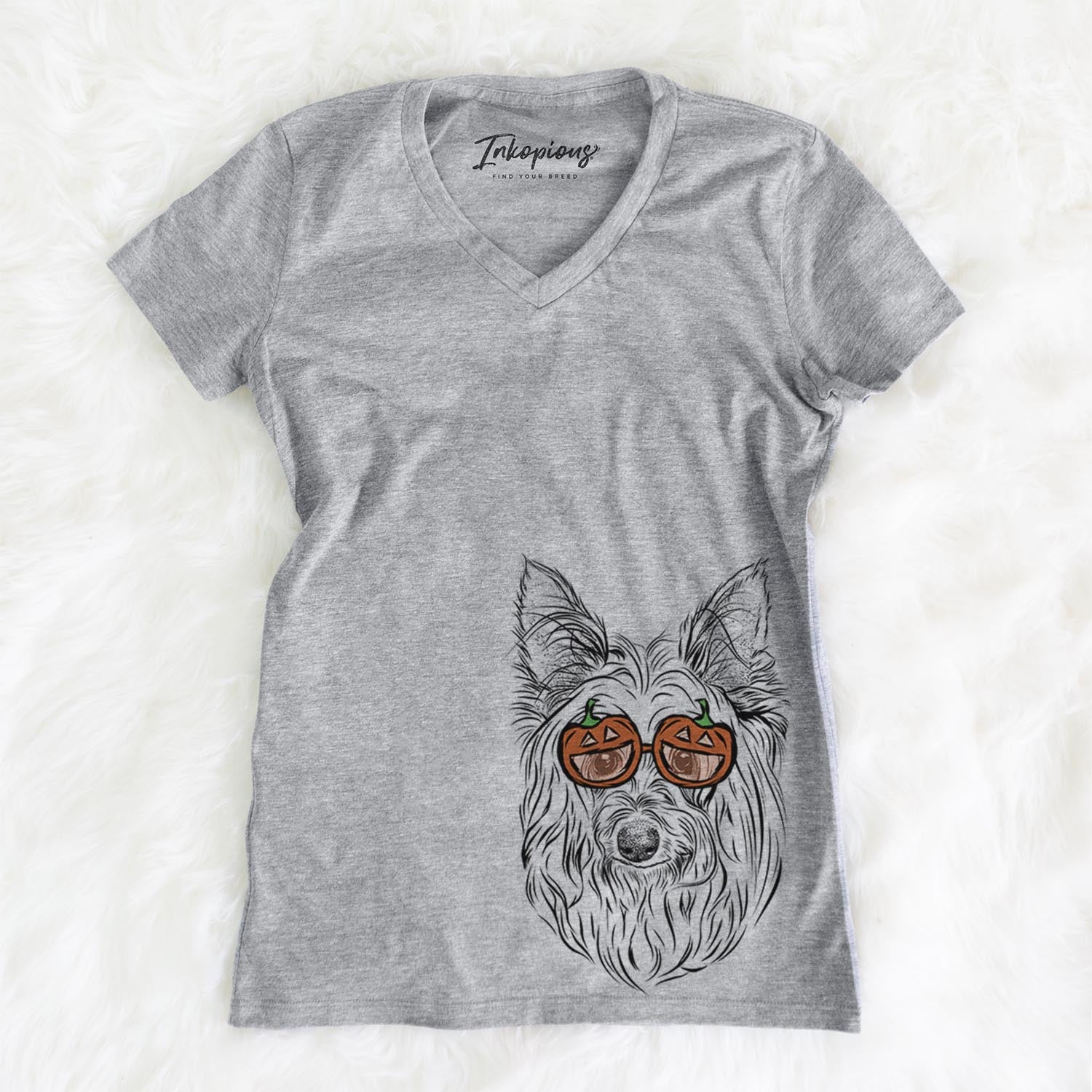 Hand-drawn sketch of Daisy May the Silky Terrier wearing pumpkin glasses on a Grey pumpkin collection, on a hanger