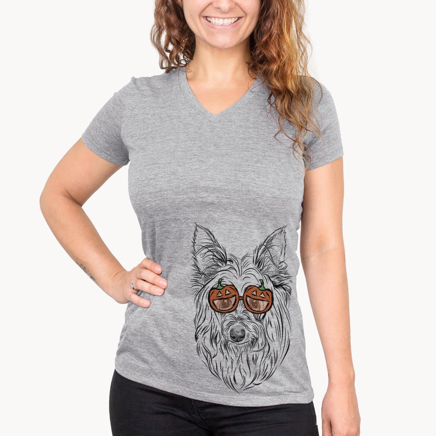 Hand-drawn sketch of Daisy May the Silky Terrier wearing pumpkin glasses on a Grey pumpkin collection