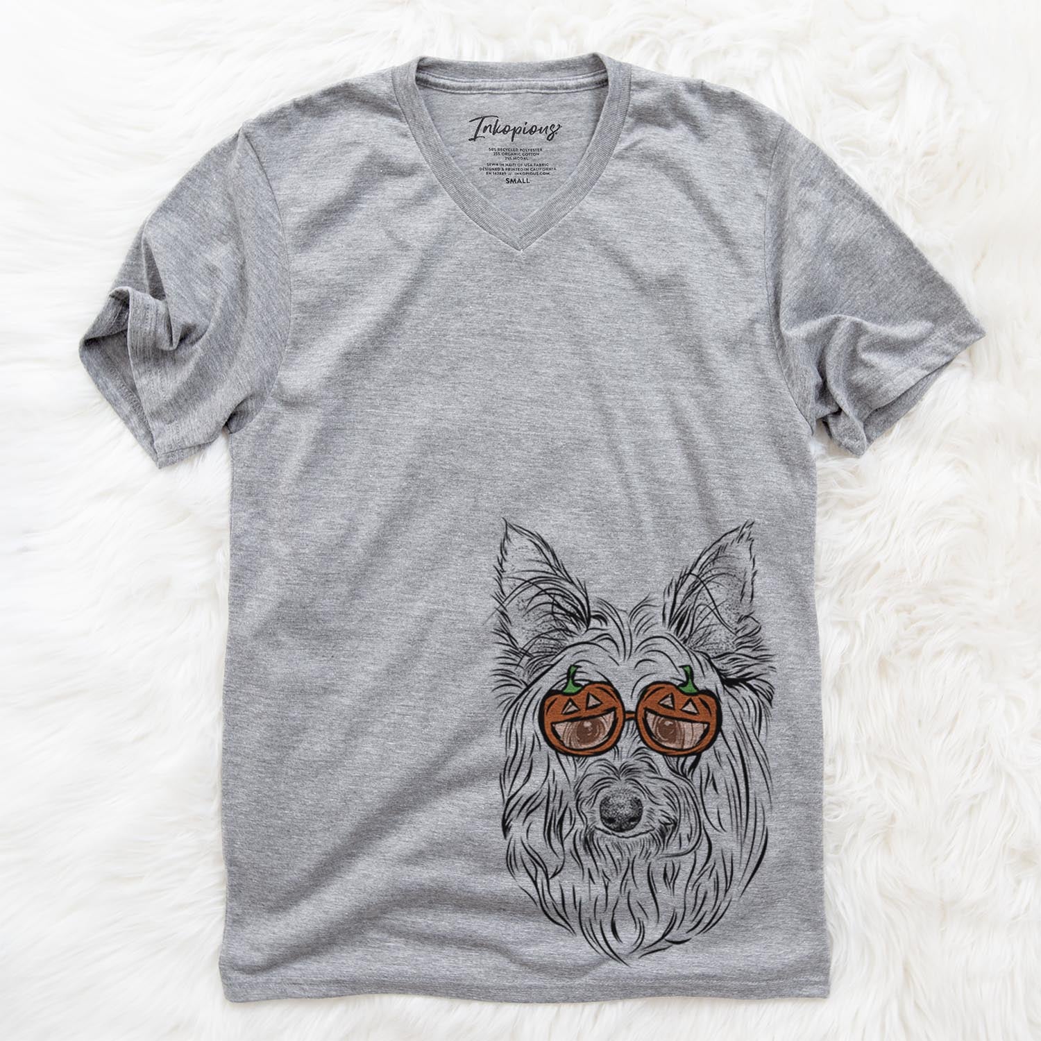 Hand-drawn sketch of Daisy May the Silky Terrier wearing pumpkin glasses on a Grey pumpkin collection