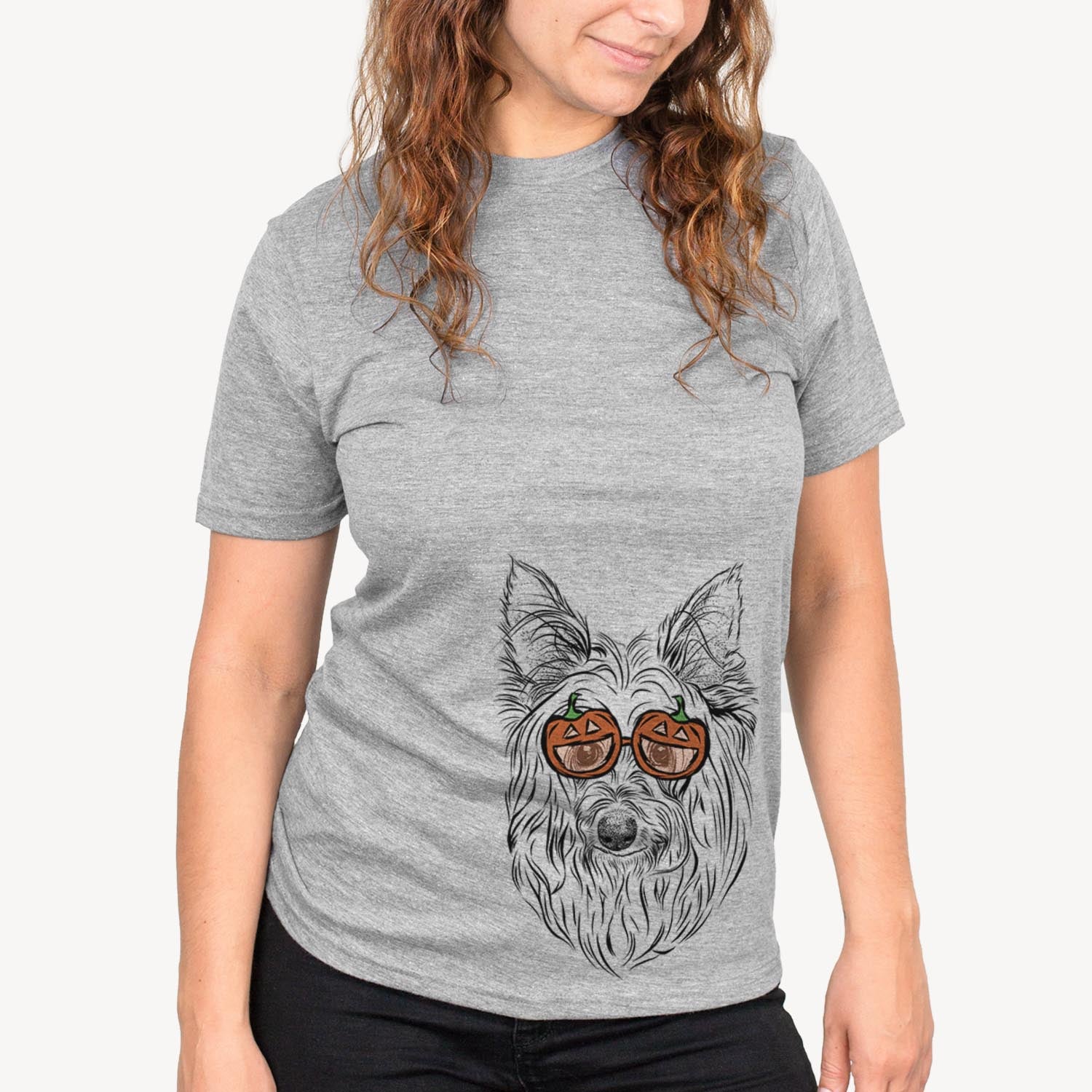 Hand-drawn sketch of Daisy May the Silky Terrier wearing pumpkin glasses on a Grey pumpkin collection, on a hanger