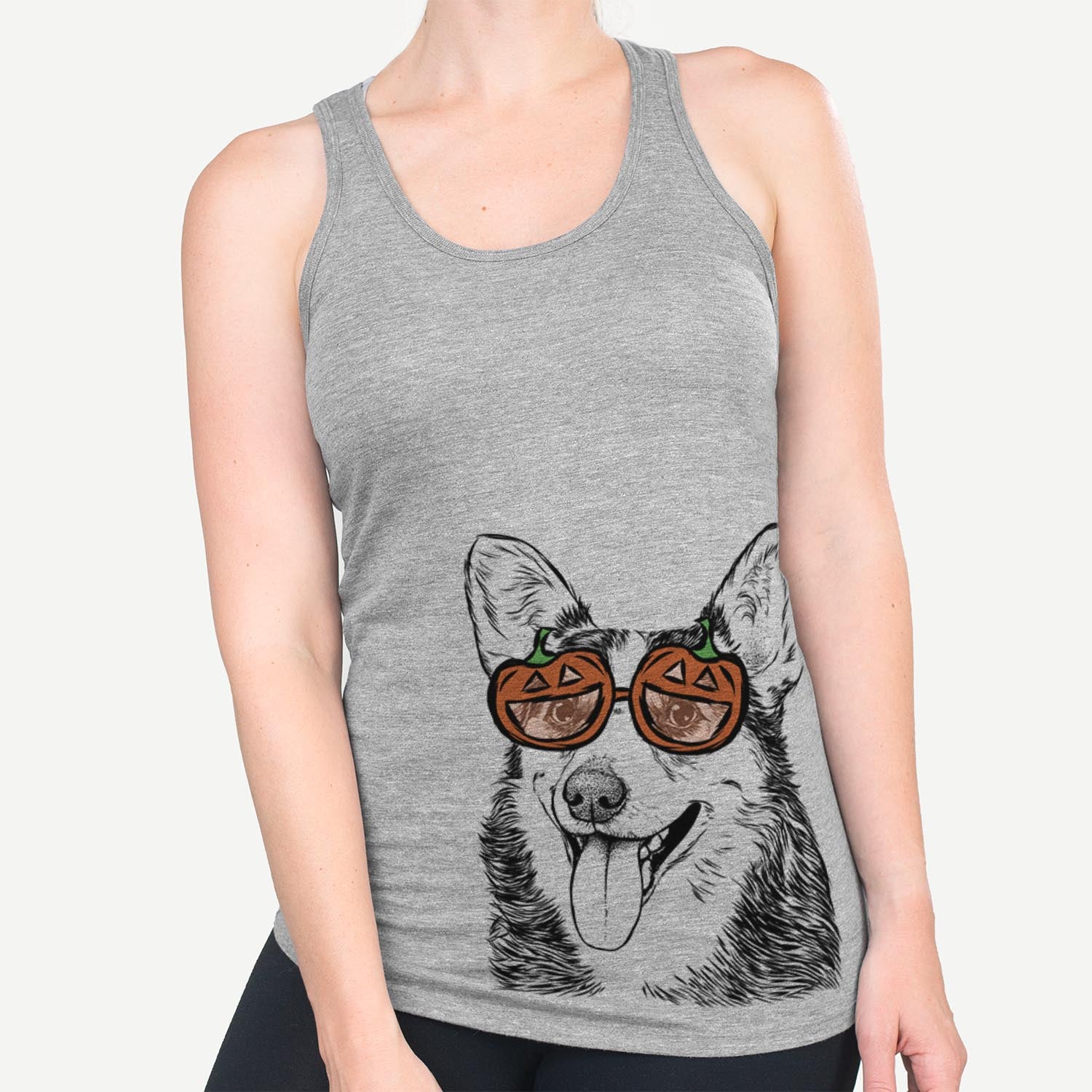 Hand-drawn sketch of Darma the Corgi wearing pumpkin glasses on a Grey pumpkin collection
