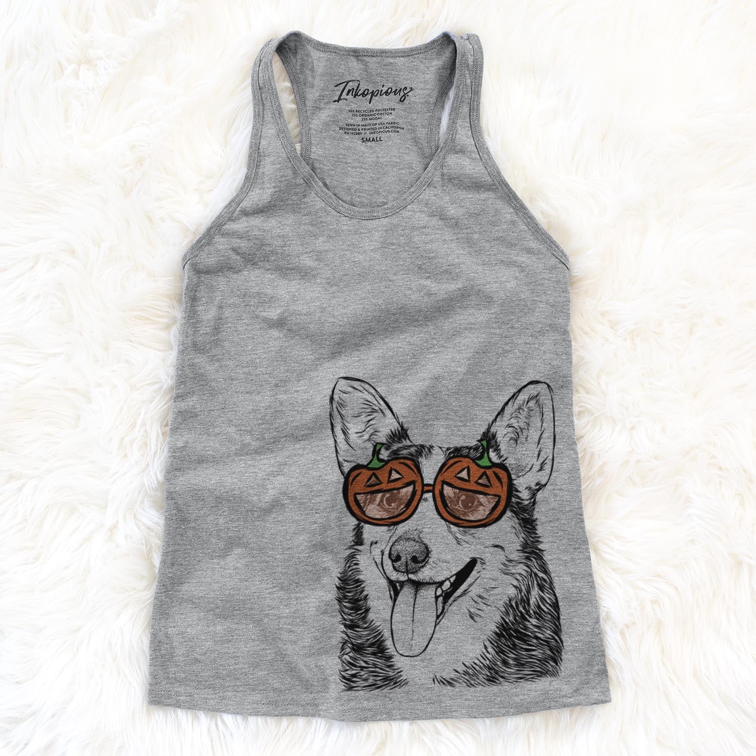 Hand-drawn sketch of Darma the Corgi wearing pumpkin glasses on a Grey pumpkin collection