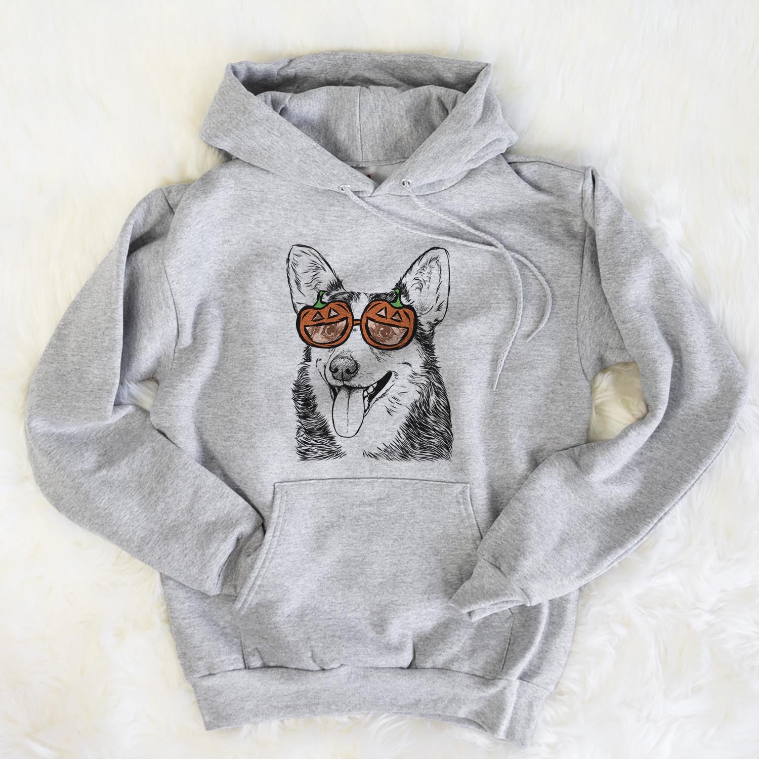 Hand-drawn sketch of Darma the Corgi wearing pumpkin glasses on a Grey pumpkin collection, flat lay