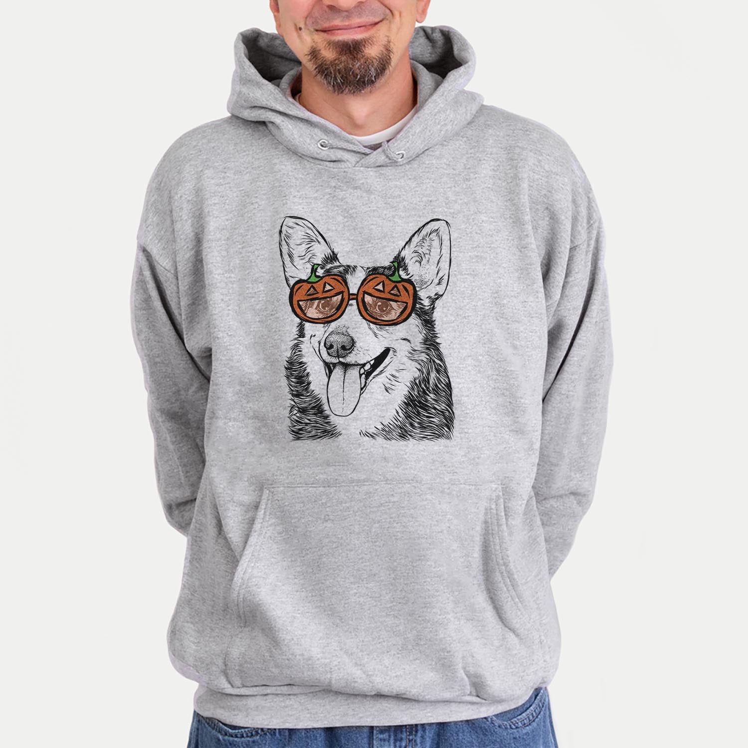 Hand-drawn sketch of Darma the Corgi wearing pumpkin glasses on a Grey pumpkin collection, hanging on a wall