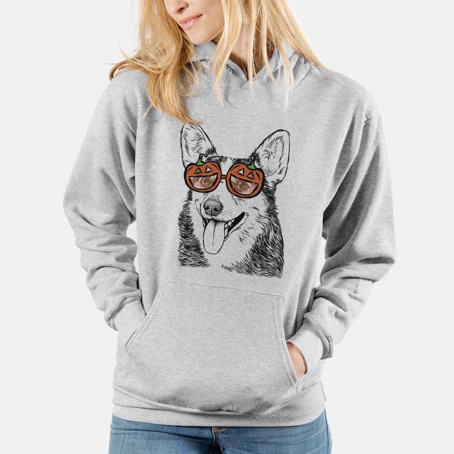 Hand-drawn sketch of Darma the Corgi wearing pumpkin glasses on a Grey pumpkin collection