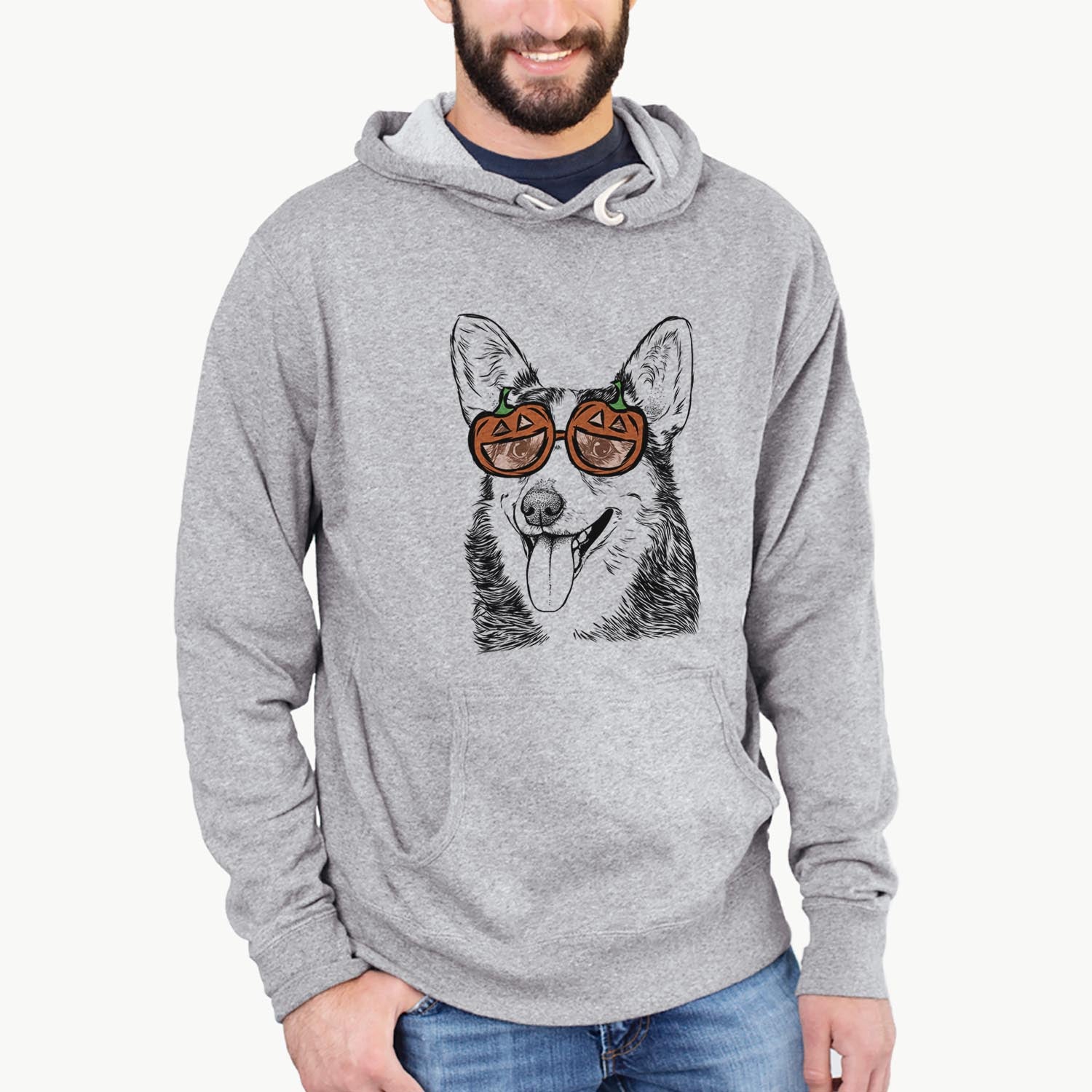Hand-drawn sketch of Darma the Corgi wearing pumpkin glasses on a Grey pumpkin collection