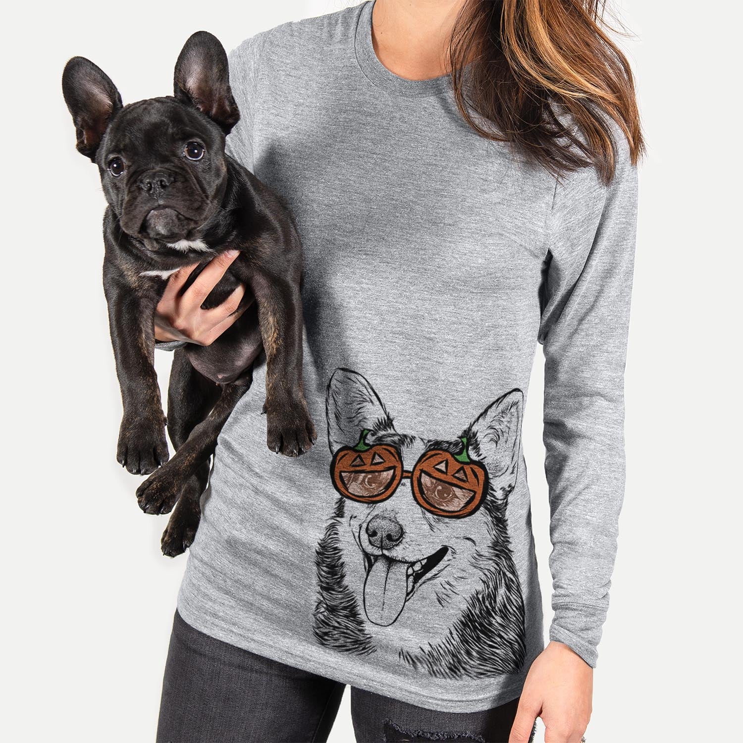 Hand-drawn sketch of Darma the Corgi wearing pumpkin glasses on a Grey pumpkin collection