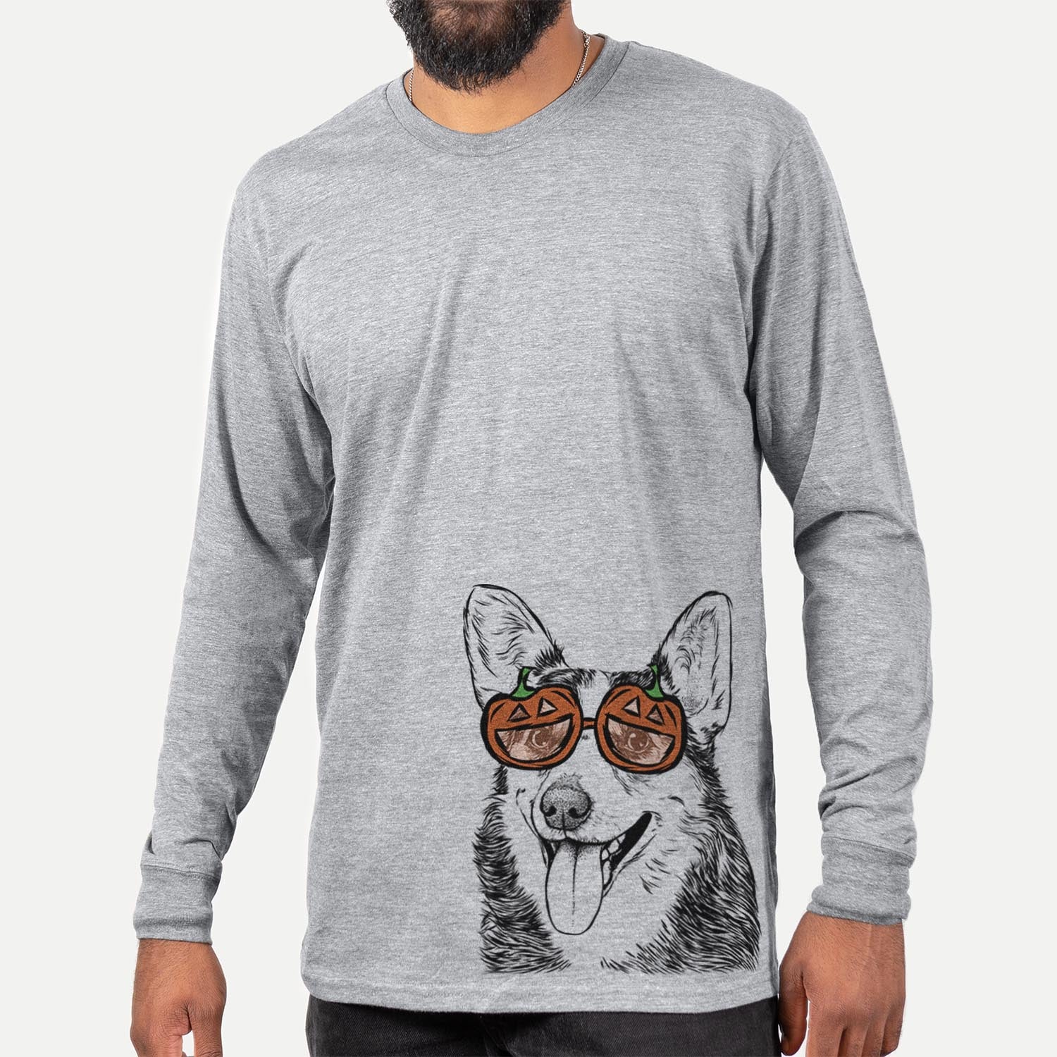 Hand-drawn sketch of Darma the Corgi wearing pumpkin glasses on a Grey pumpkin collection, hanging on a wall