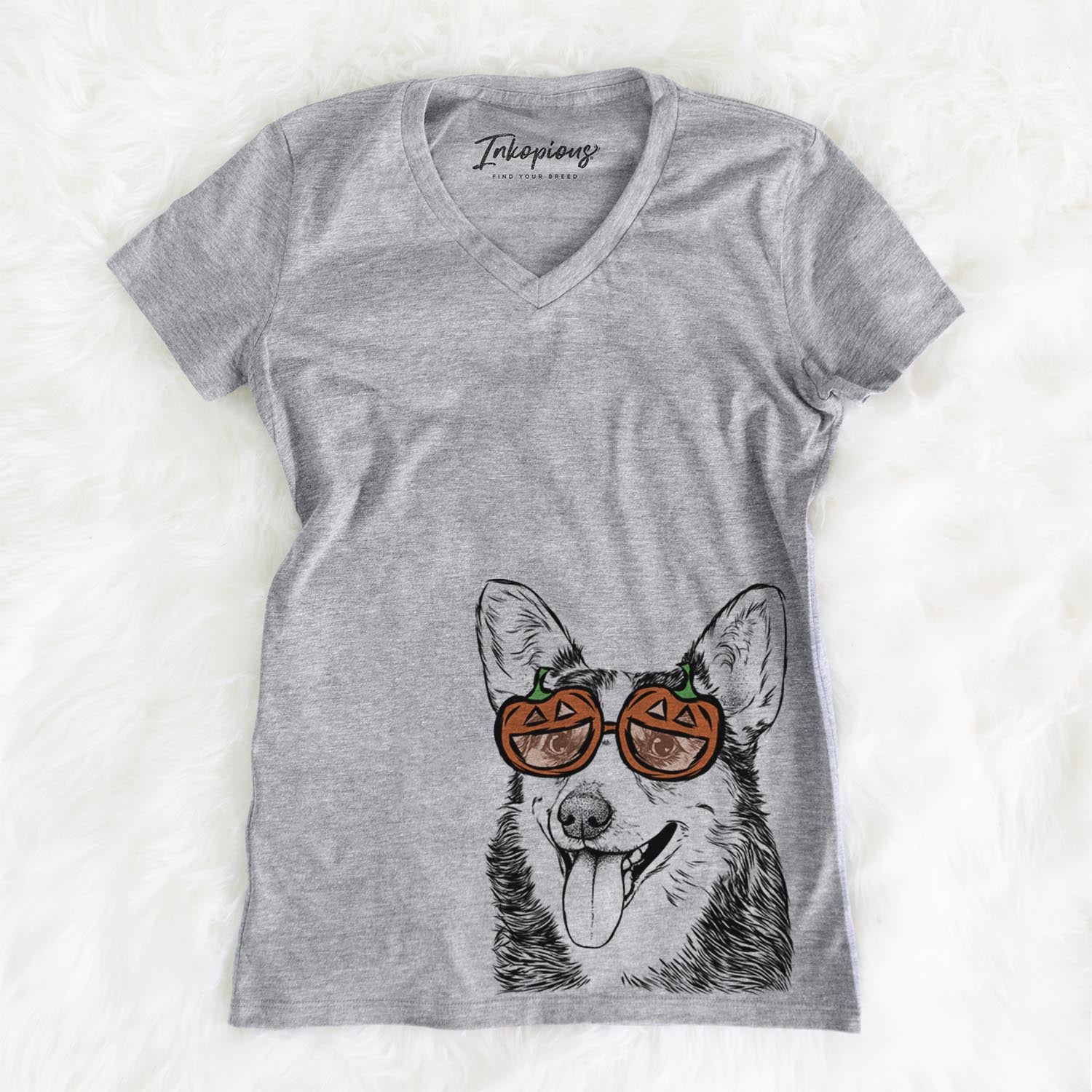 Hand-drawn sketch of Darma the Corgi wearing pumpkin glasses on a Grey pumpkin collection, on a hanger