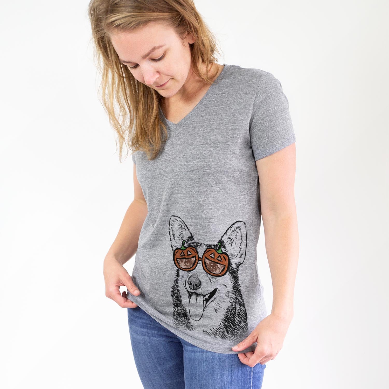 Hand-drawn sketch of Darma the Corgi wearing pumpkin glasses on a Grey pumpkin collection