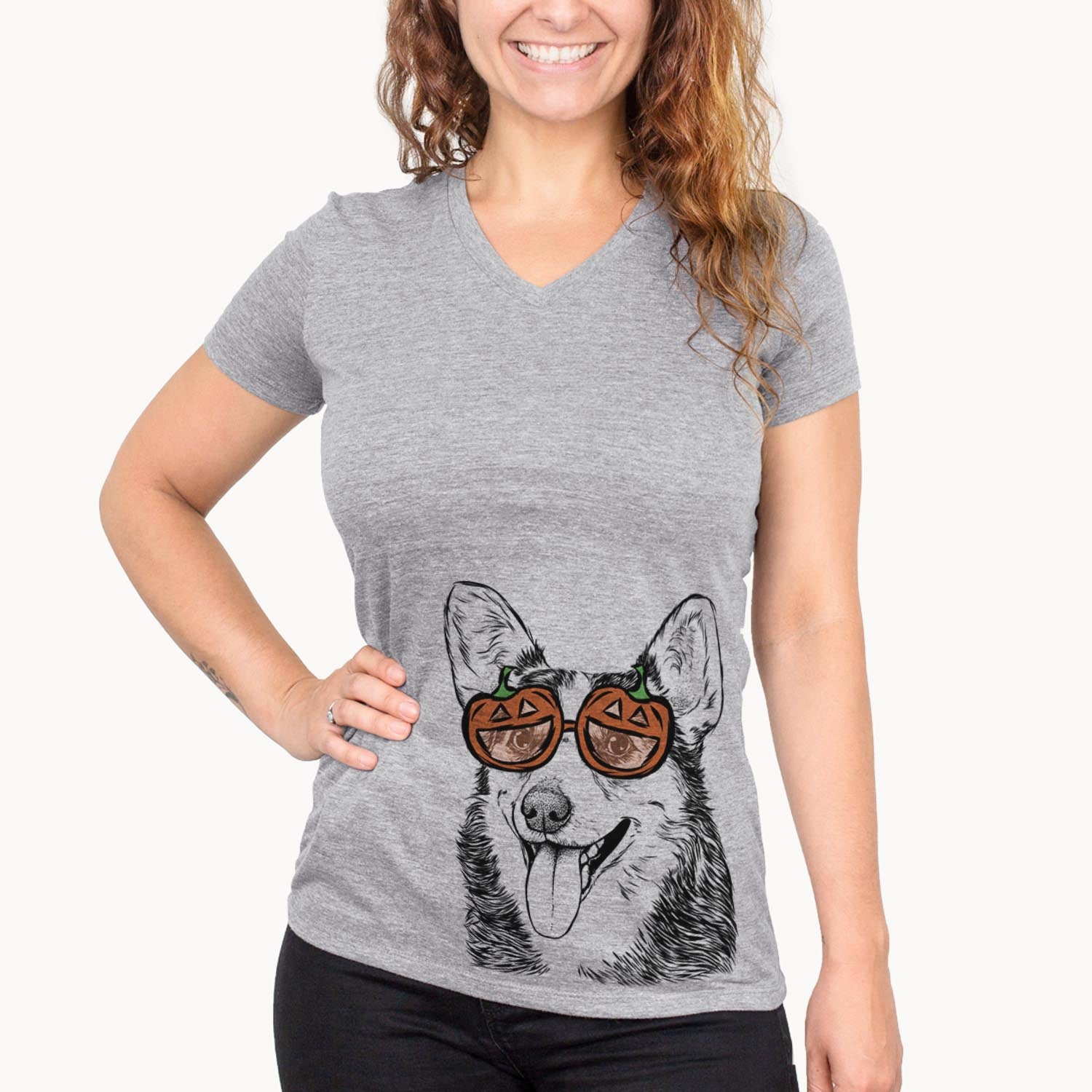 Hand-drawn sketch of Darma the Corgi wearing pumpkin glasses on a Grey pumpkin collection