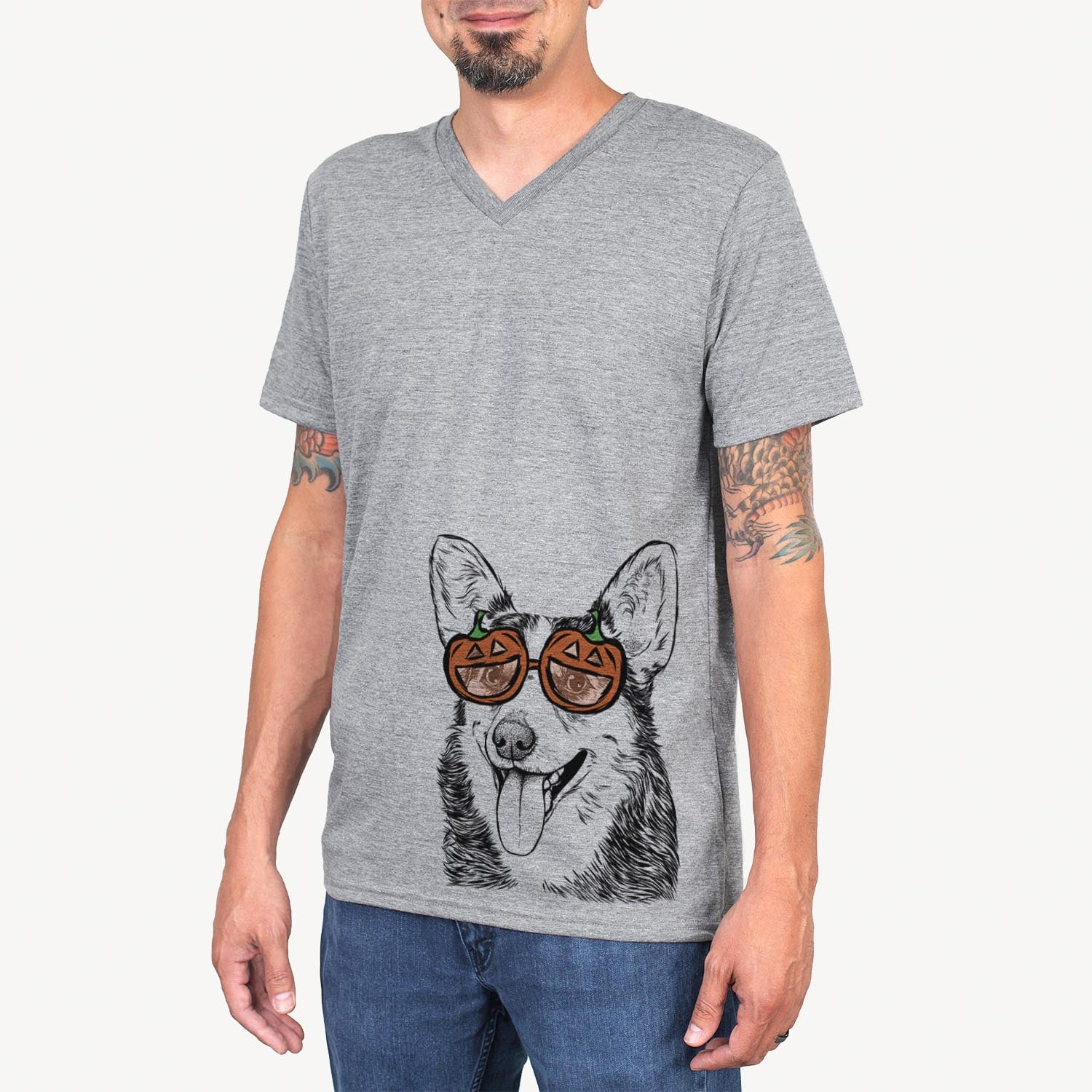 Hand-drawn sketch of Darma the Corgi wearing pumpkin glasses on a Grey pumpkin collection