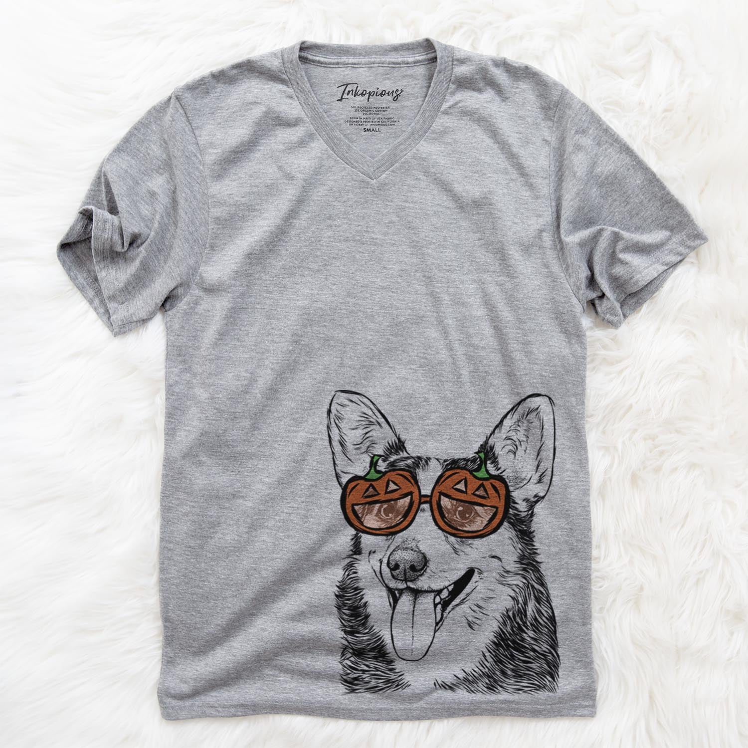 Hand-drawn sketch of Darma the Corgi wearing pumpkin glasses on a Grey pumpkin collection