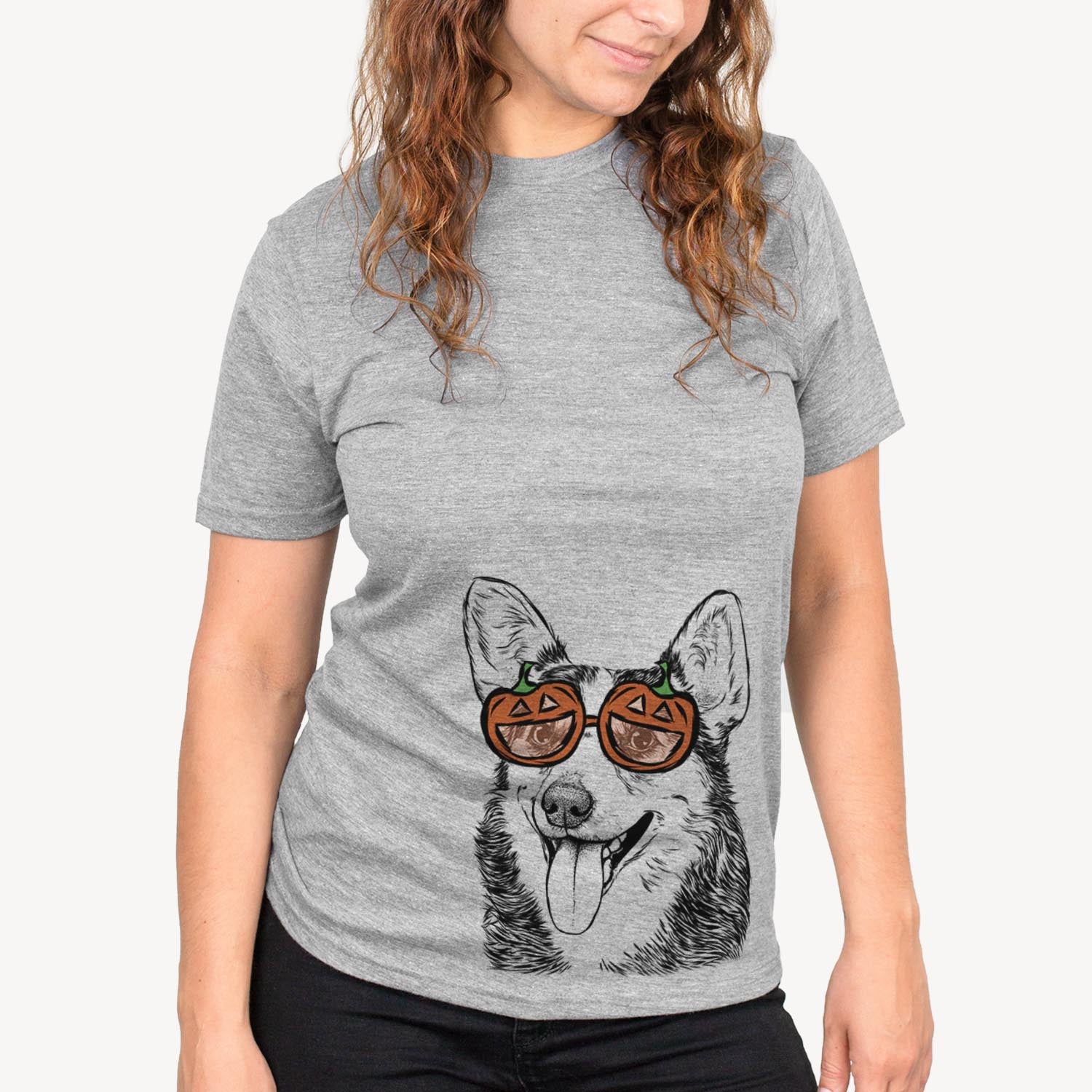 Hand-drawn sketch of Darma the Corgi wearing pumpkin glasses on a Grey pumpkin collection, on a hanger