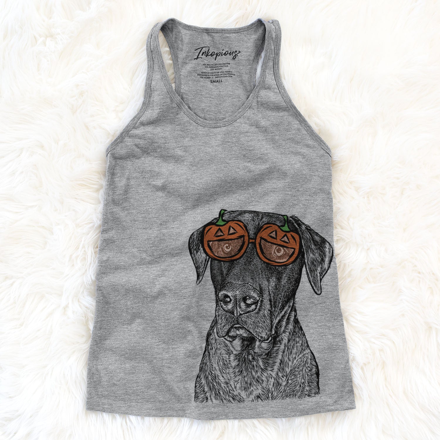 Hand-drawn sketch of David the Boxador wearing pumpkin glasses on a Grey pumpkin collection