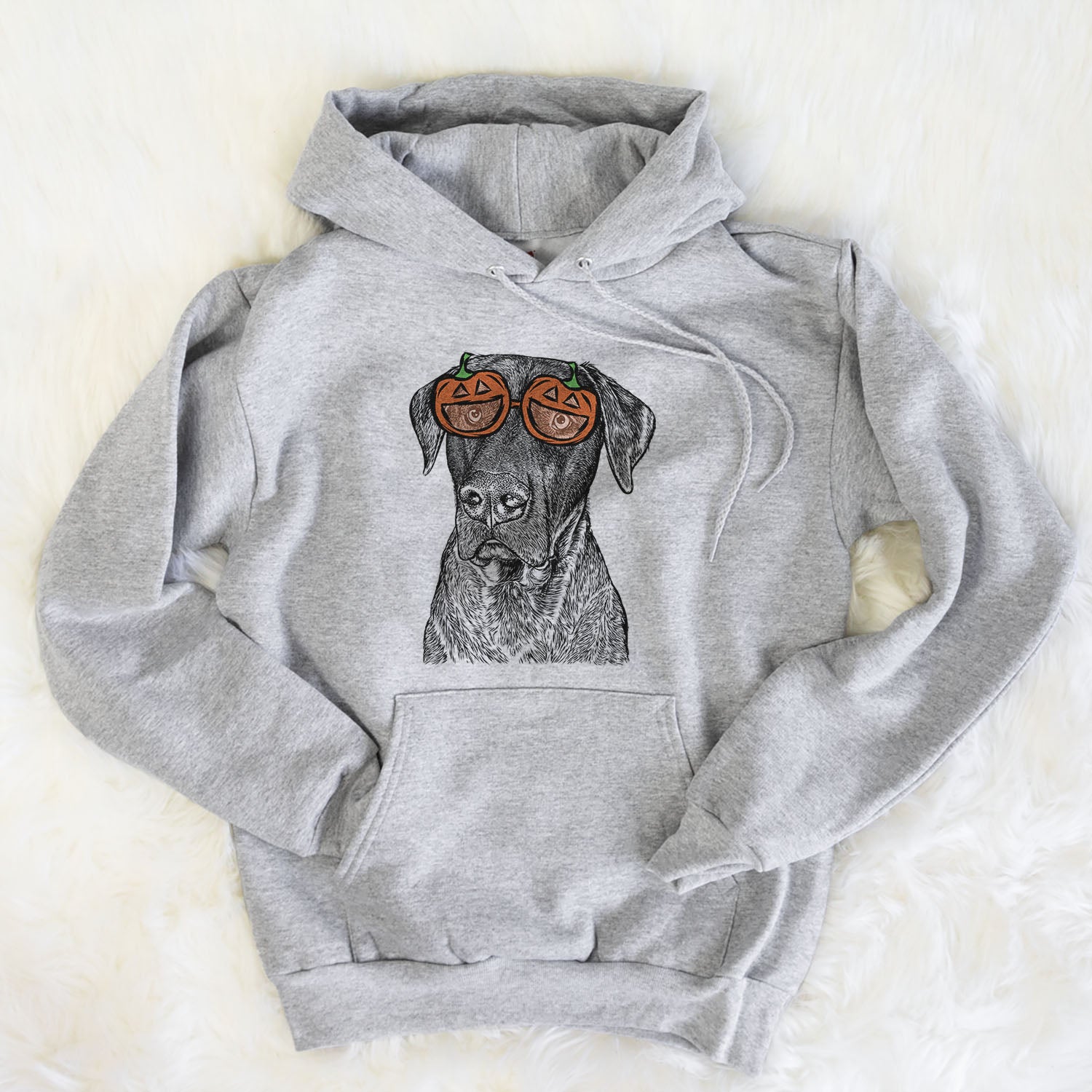 Hand-drawn sketch of David the Boxador wearing pumpkin glasses on a Grey pumpkin collection, flat lay