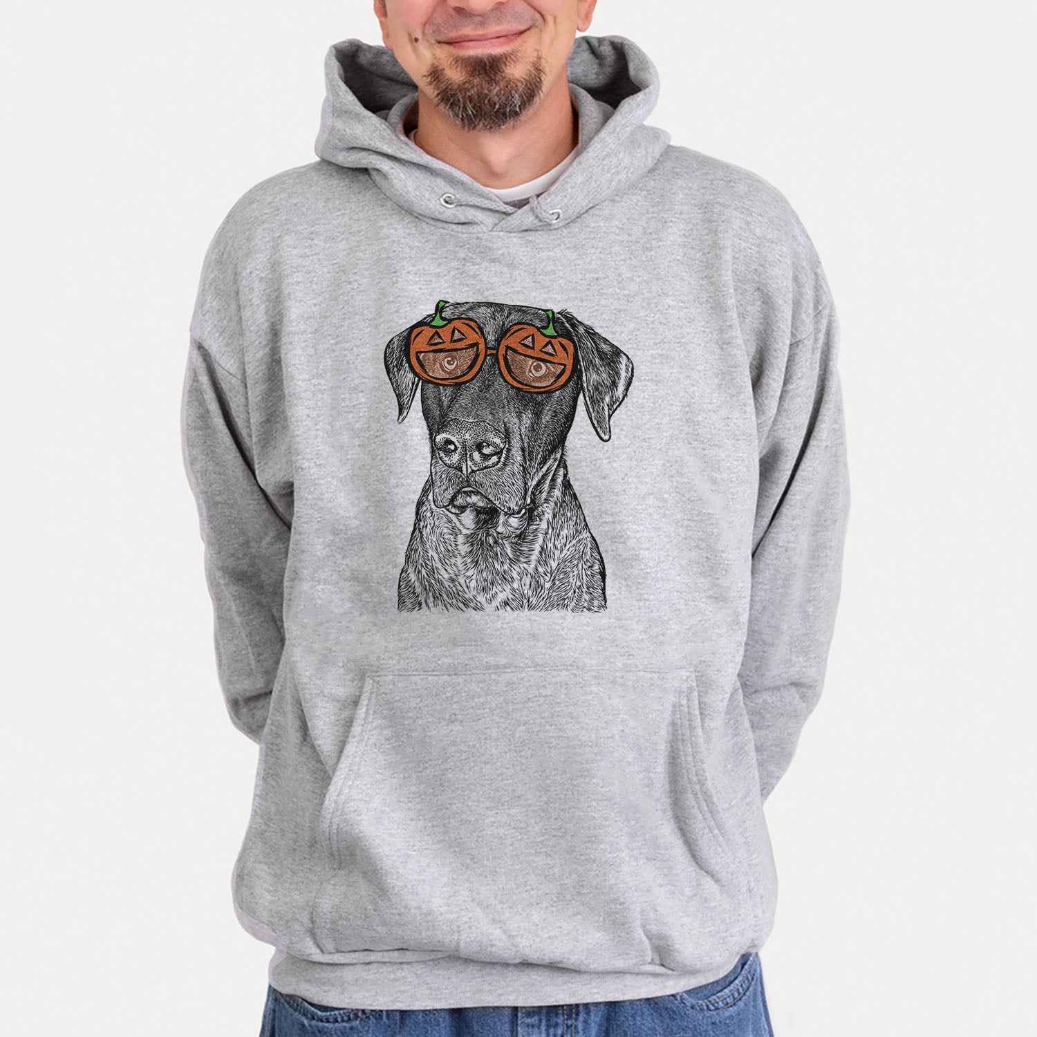 Hand-drawn sketch of David the Boxador wearing pumpkin glasses on a Grey pumpkin collection, hanging on a wall