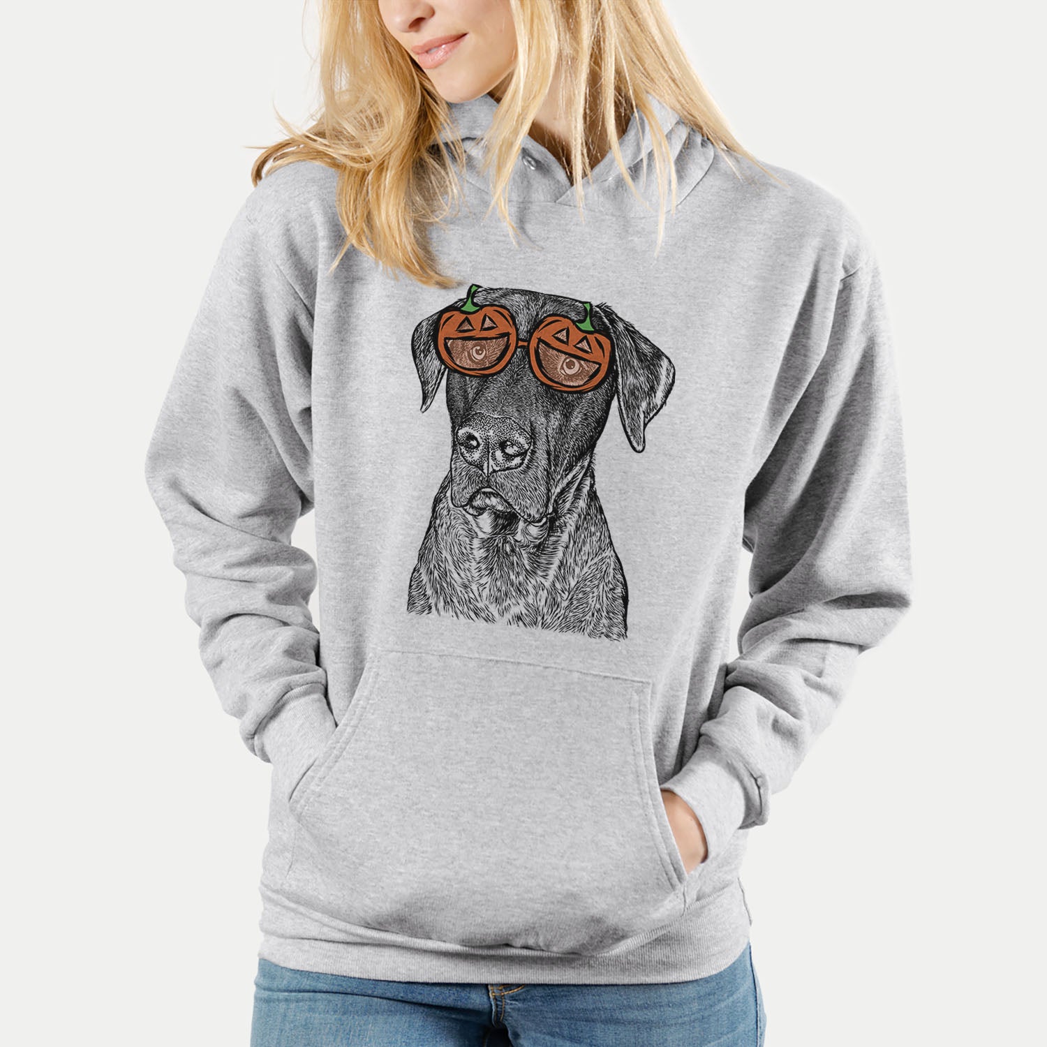 Hand-drawn sketch of David the Boxador wearing pumpkin glasses on a Grey pumpkin collection