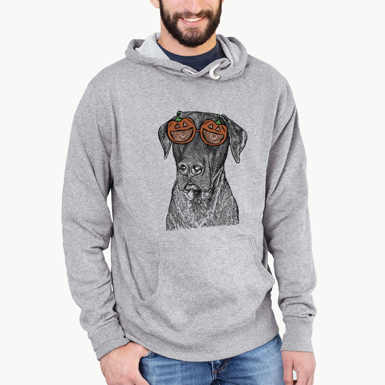 Hand-drawn sketch of David the Boxador wearing pumpkin glasses on a Grey pumpkin collection