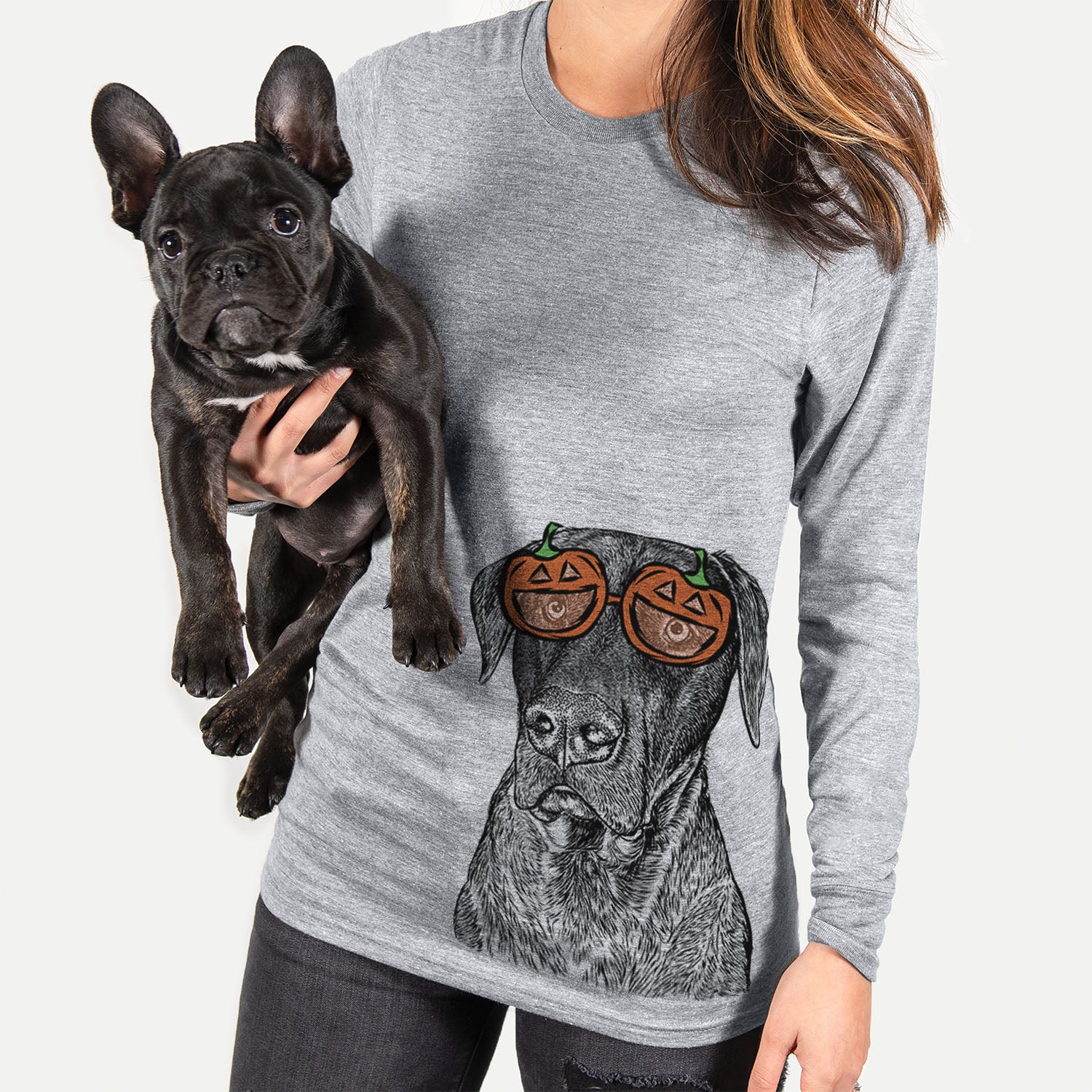 Hand-drawn sketch of David the Boxador wearing pumpkin glasses on a Grey pumpkin collection