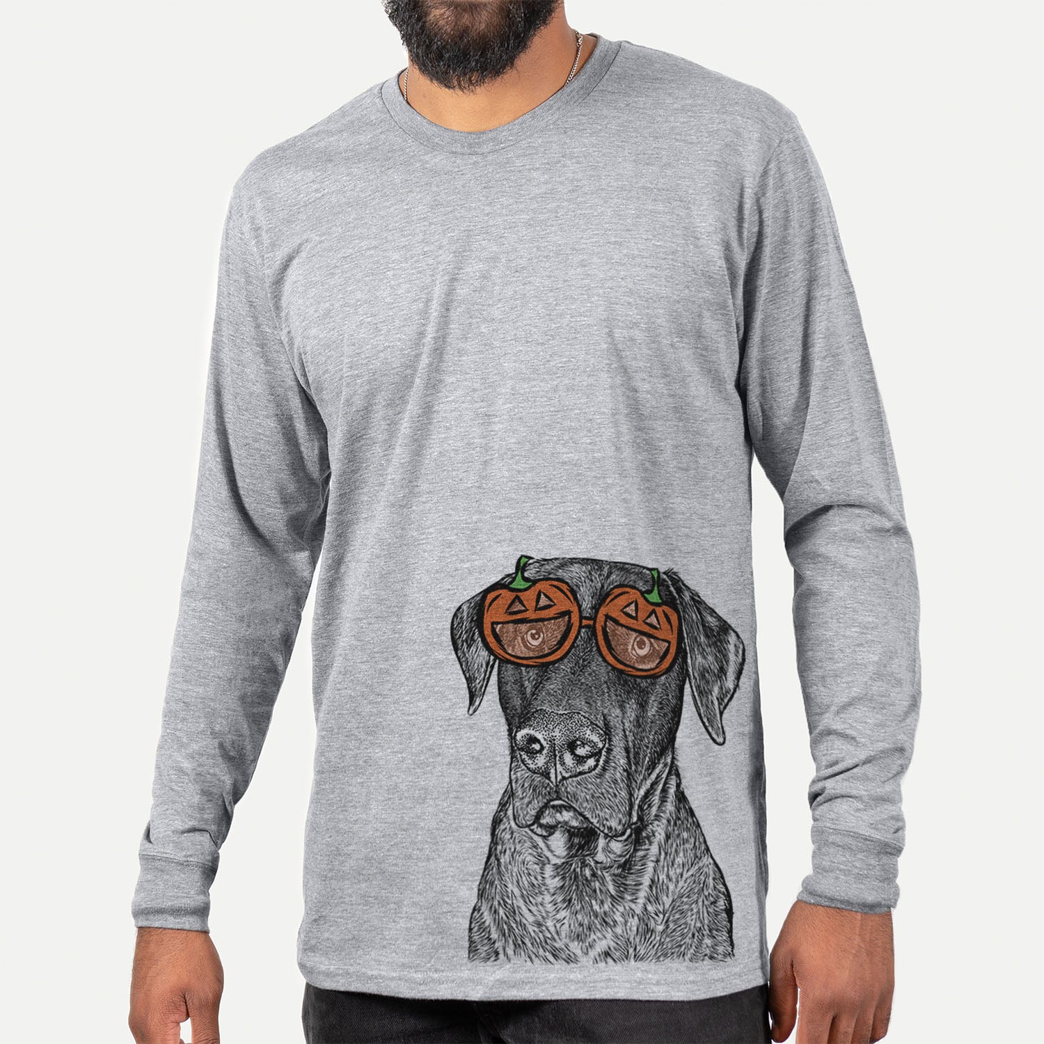 Hand-drawn sketch of David the Boxador wearing pumpkin glasses on a Grey pumpkin collection, hanging on a wall