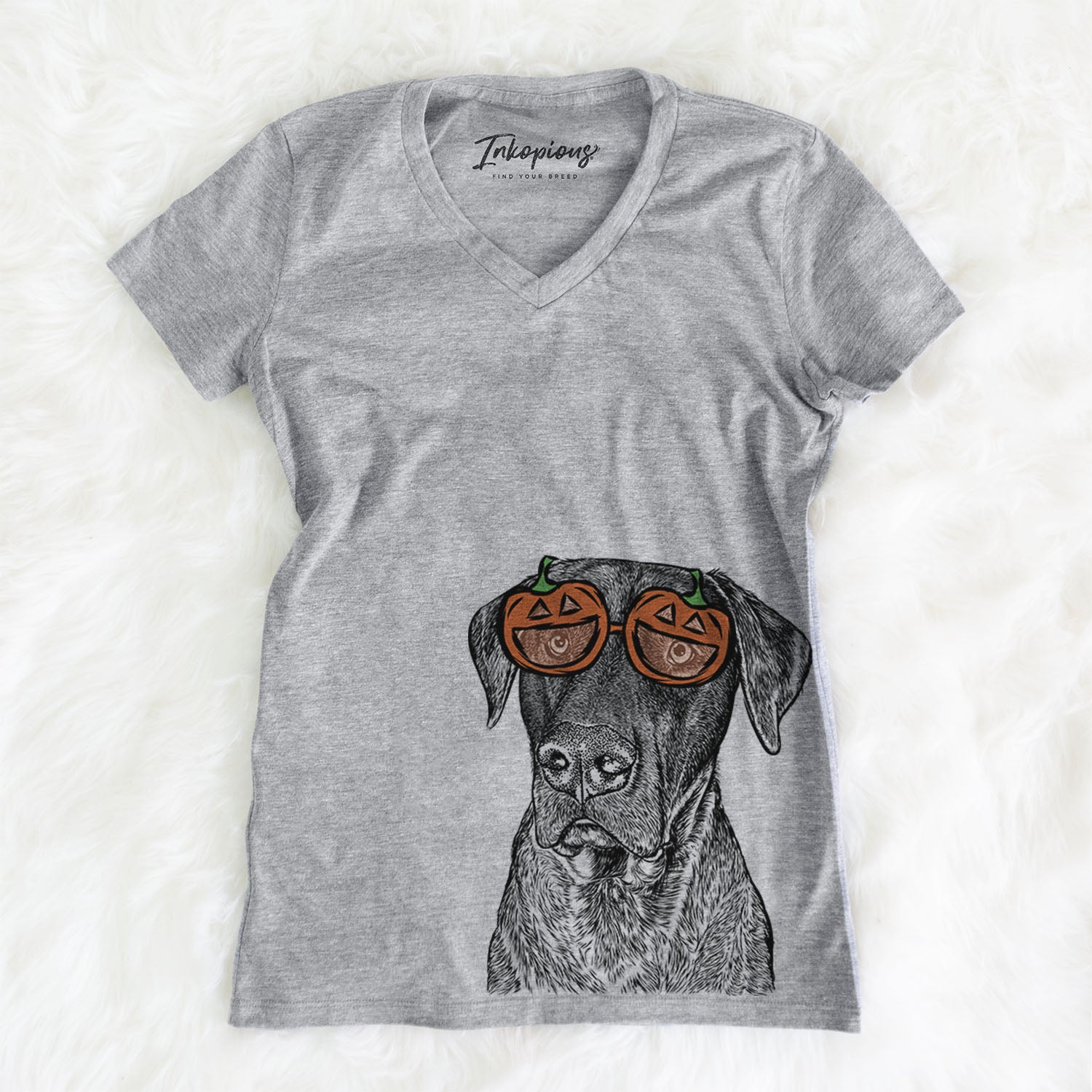 Hand-drawn sketch of David the Boxador wearing pumpkin glasses on a Grey pumpkin collection, on a hanger