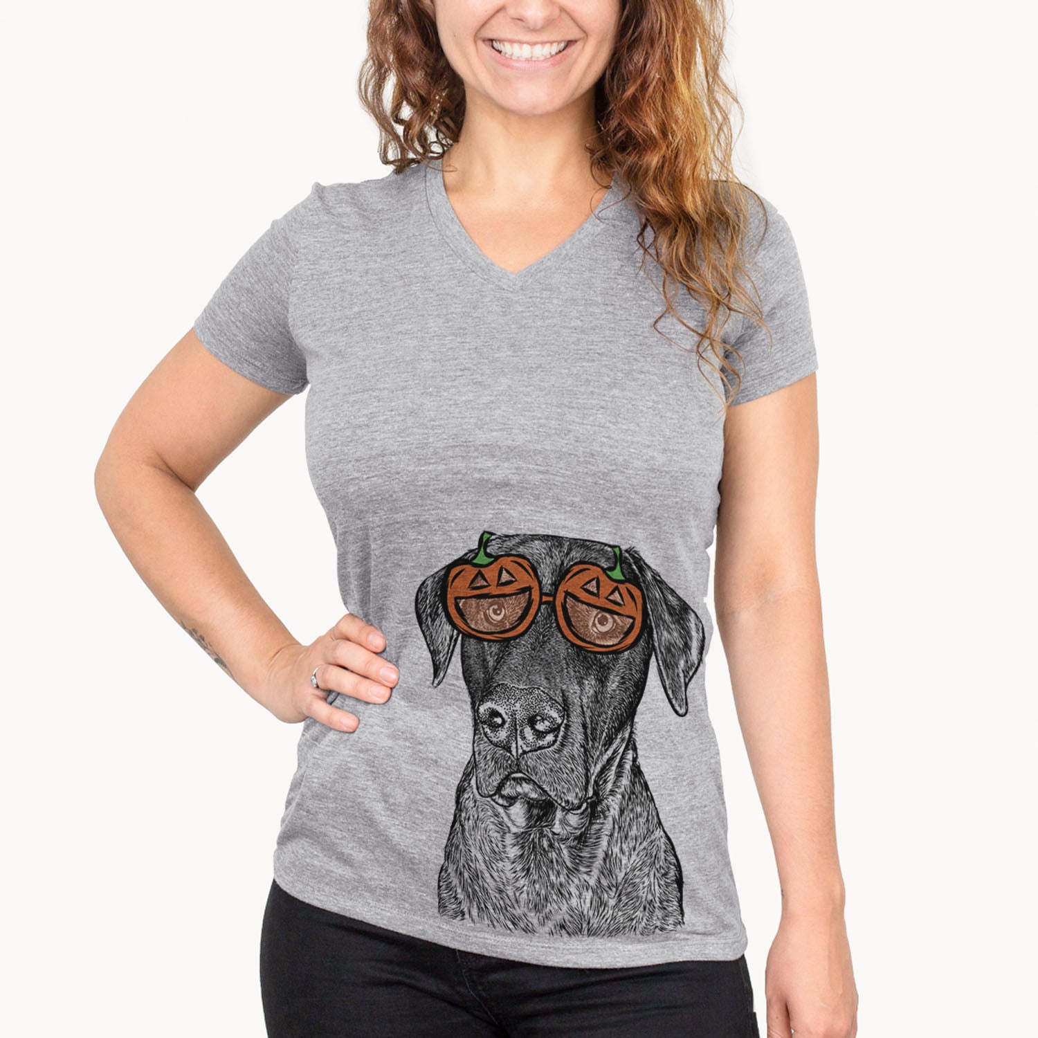 Hand-drawn sketch of David the Boxador wearing pumpkin glasses on a Grey pumpkin collection