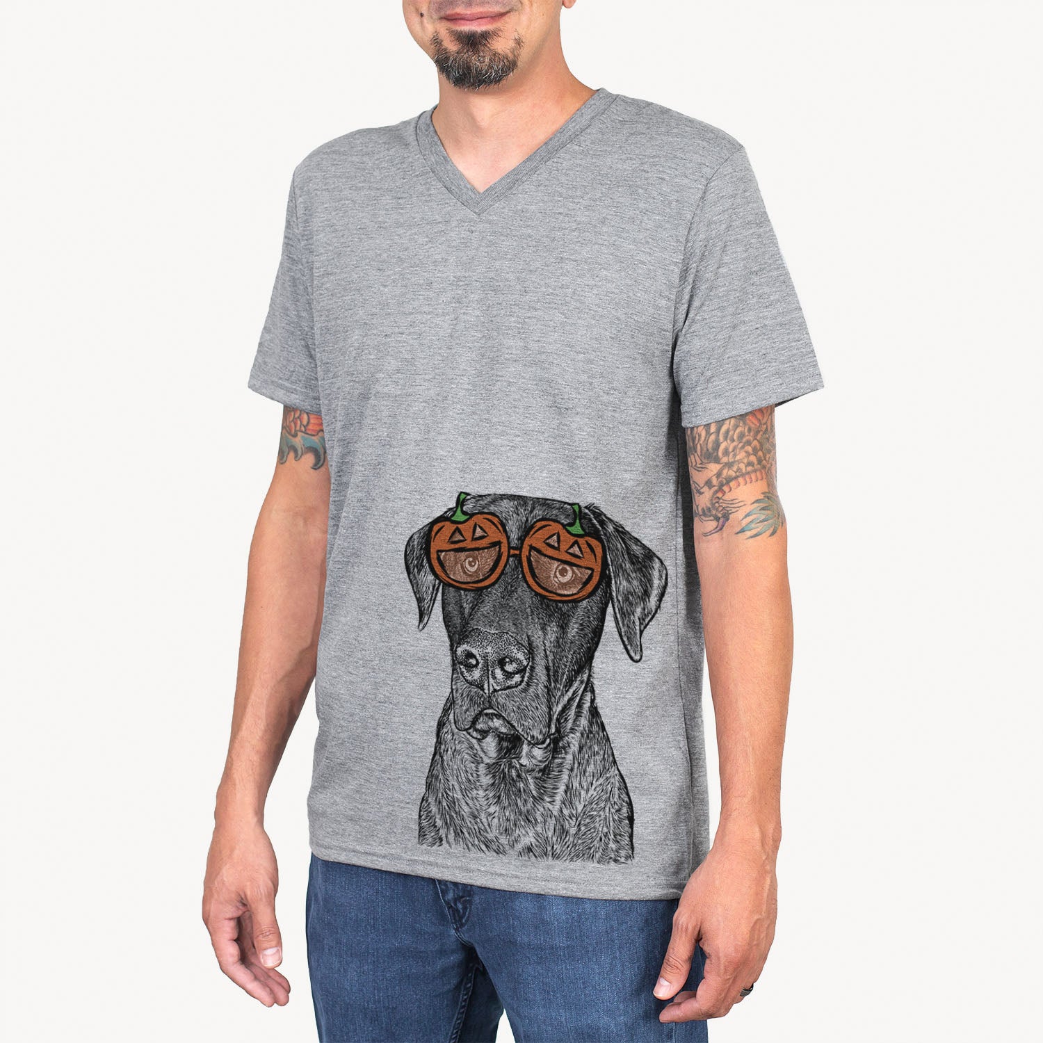 Hand-drawn sketch of David the Boxador wearing pumpkin glasses on a Grey pumpkin collection