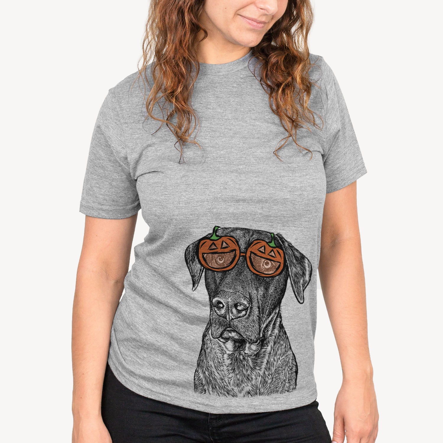 Hand-drawn sketch of David the Boxador wearing pumpkin glasses on a Grey pumpkin collection, on a hanger