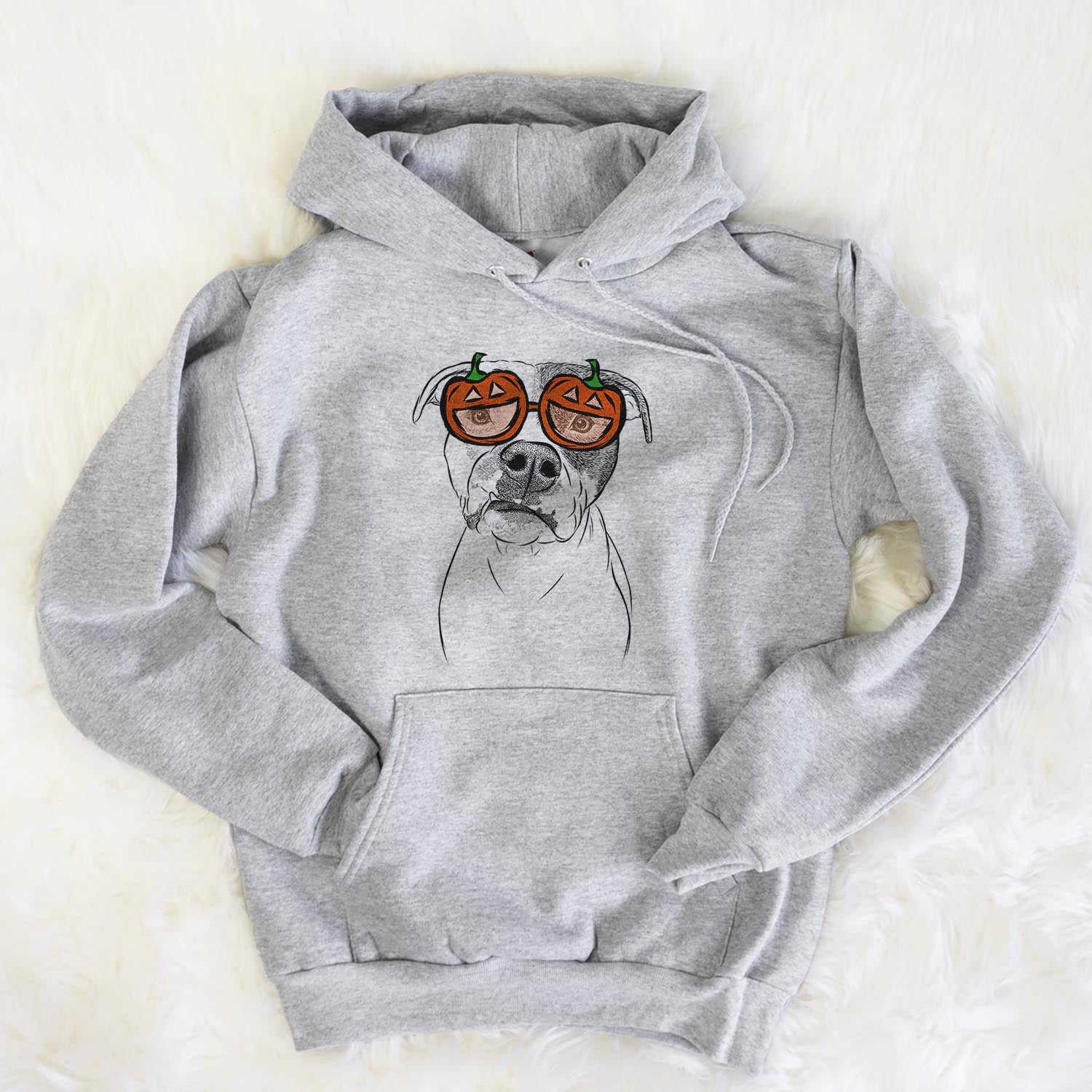 Hand-drawn sketch of Dexter the Pitbull wearing pumpkin glasses on a Dexter Pit pumpkin collection, flat lay