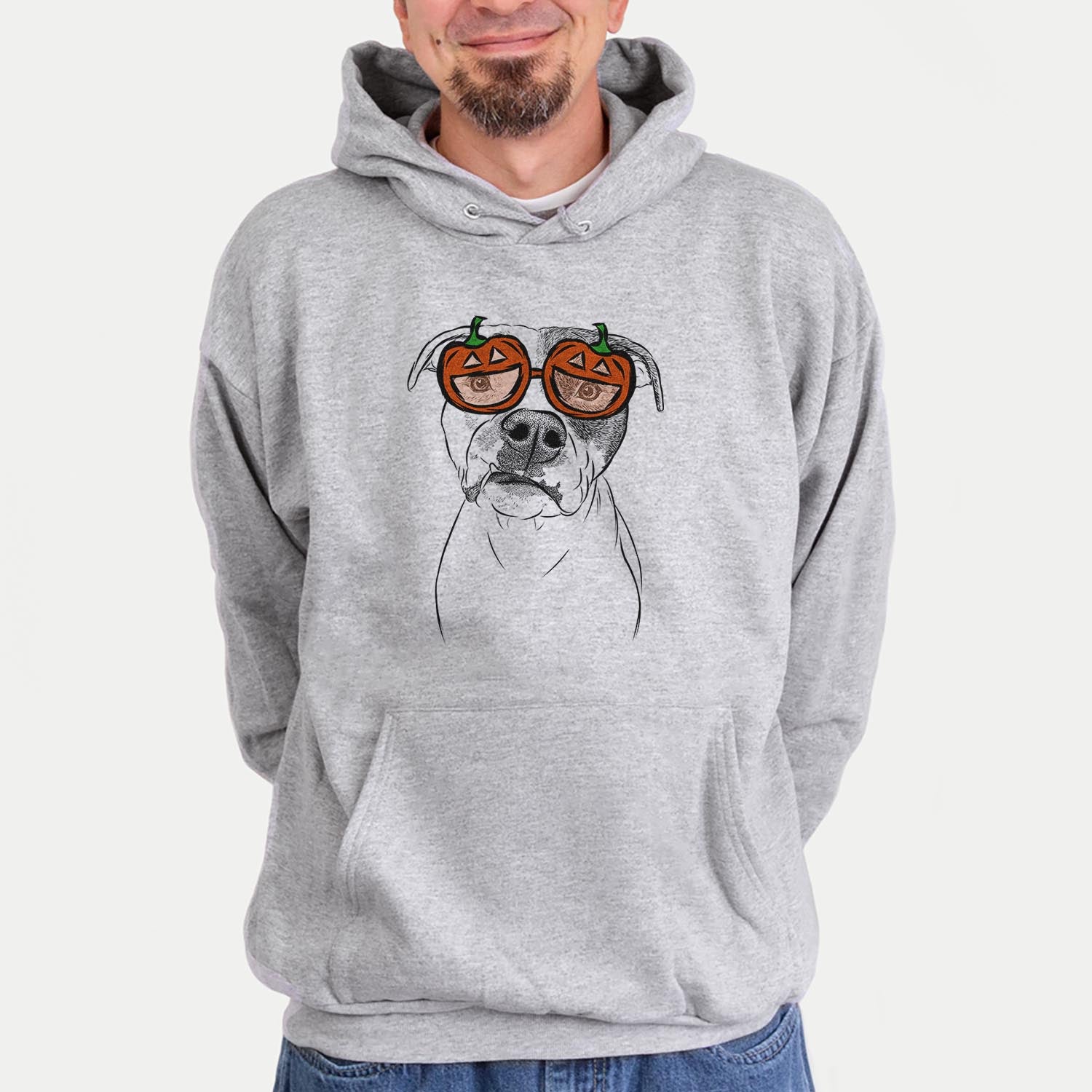 Hand-drawn sketch of Dexter the Pitbull wearing pumpkin glasses on a Dexter Pit pumpkin collection, hanging on a wall