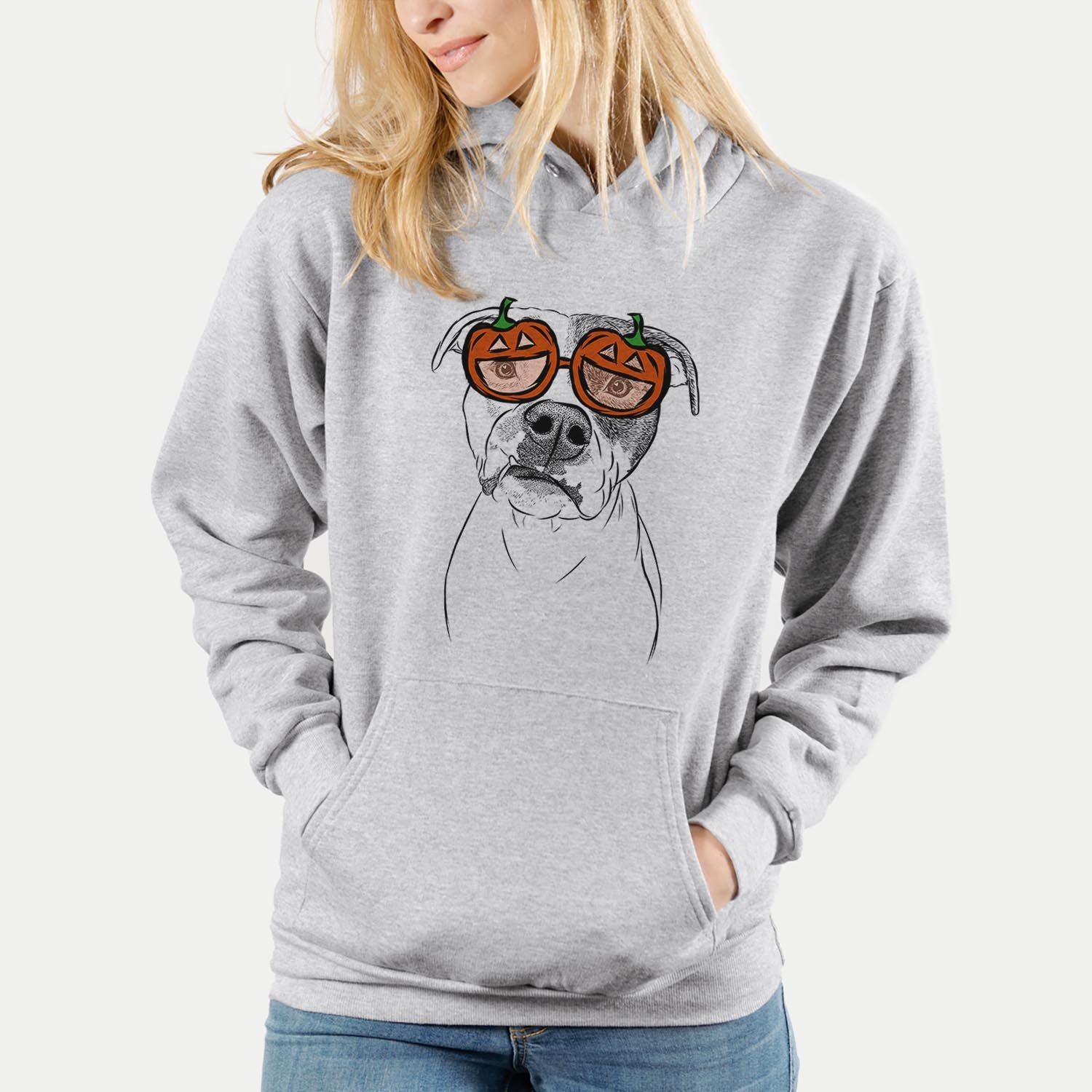 Hand-drawn sketch of Dexter the Pitbull wearing pumpkin glasses on a Dexter Pit pumpkin collection