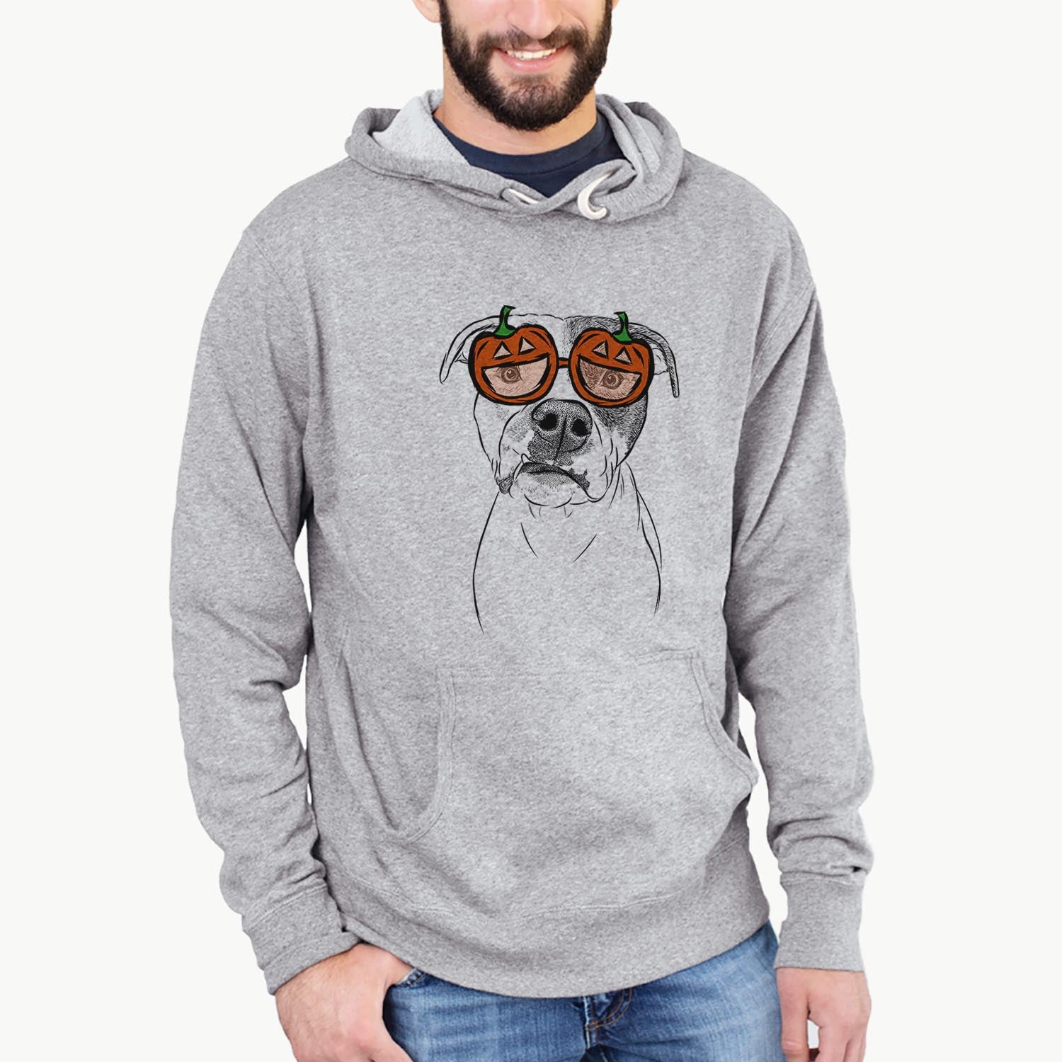 Hand-drawn sketch of Dexter the Pitbull wearing pumpkin glasses on a Dexter Pit pumpkin collection