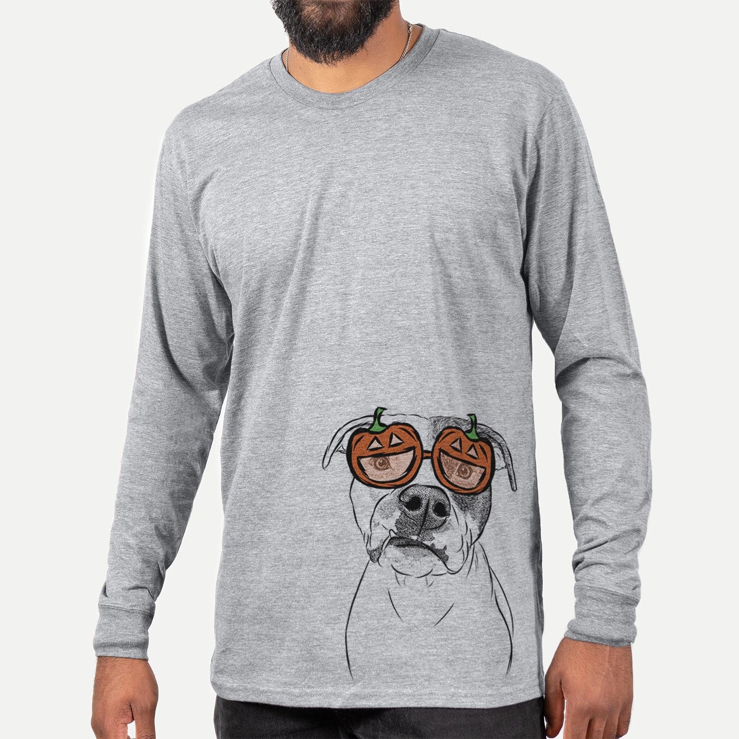 Hand-drawn sketch of Dexter the Pitbull wearing pumpkin glasses on a Dexter Pit pumpkin collection, hanging on a wall