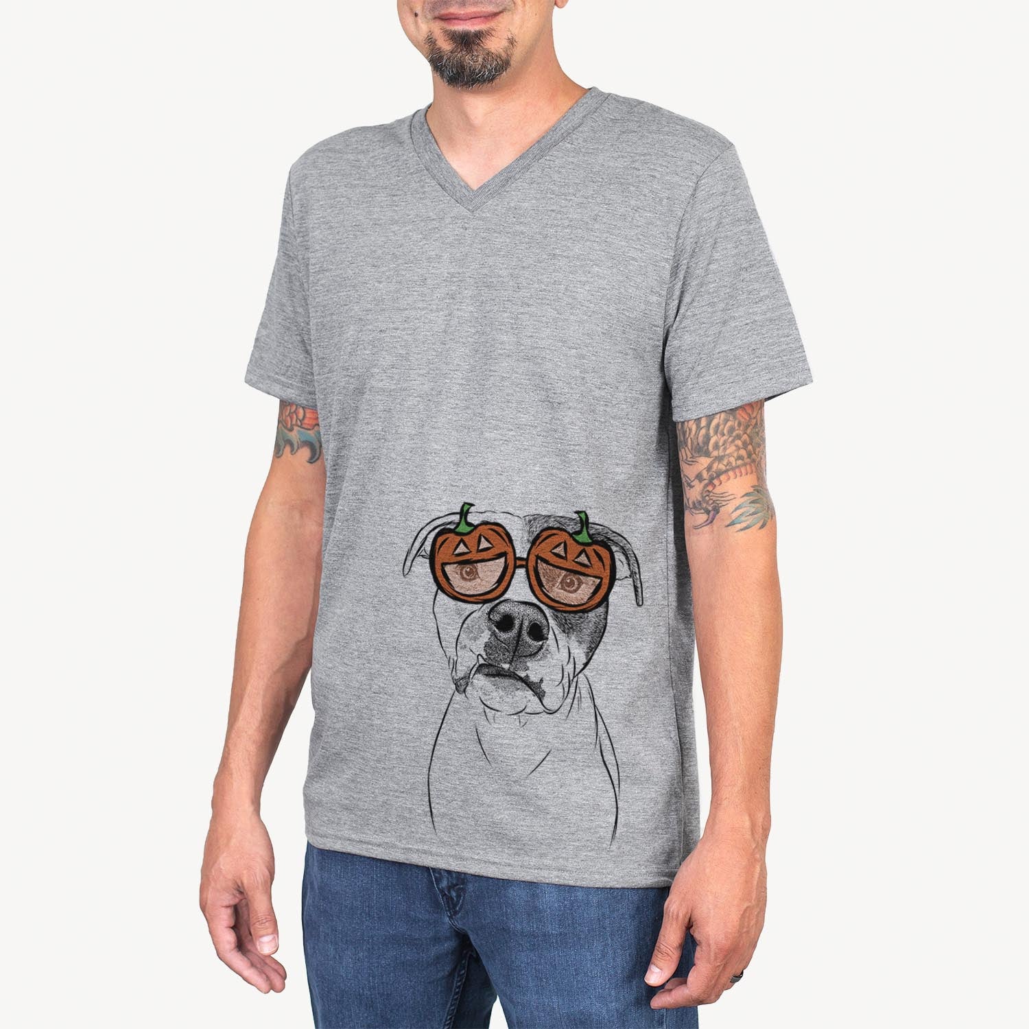 Hand-drawn sketch of Dexter the Pitbull wearing pumpkin glasses on a Dexter Pit pumpkin collection