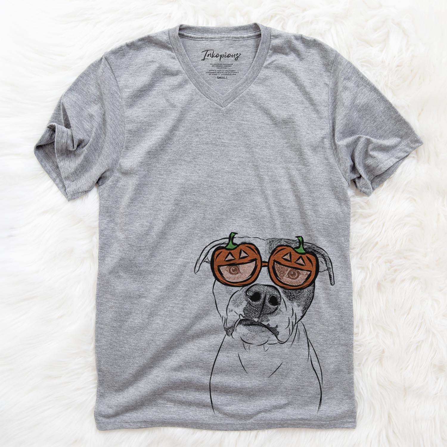 Hand-drawn sketch of Dexter the Pitbull wearing pumpkin glasses on a Dexter Pit pumpkin collection