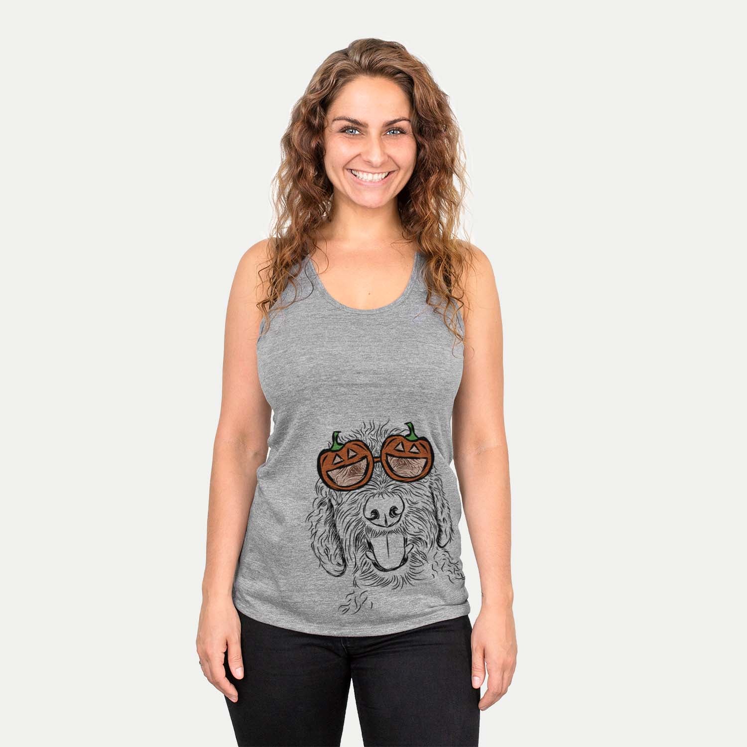 Hand-drawn sketch of Dixie the Doodle wearing pumpkin glasses on a Grey pumpkin collection
