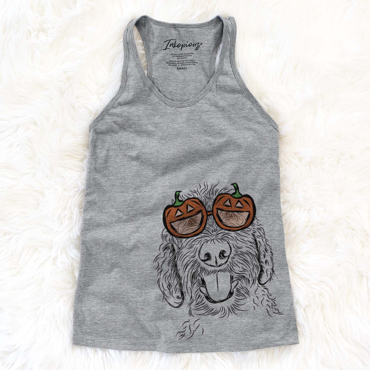 Hand-drawn sketch of Dixie the Doodle wearing pumpkin glasses on a Grey pumpkin collection