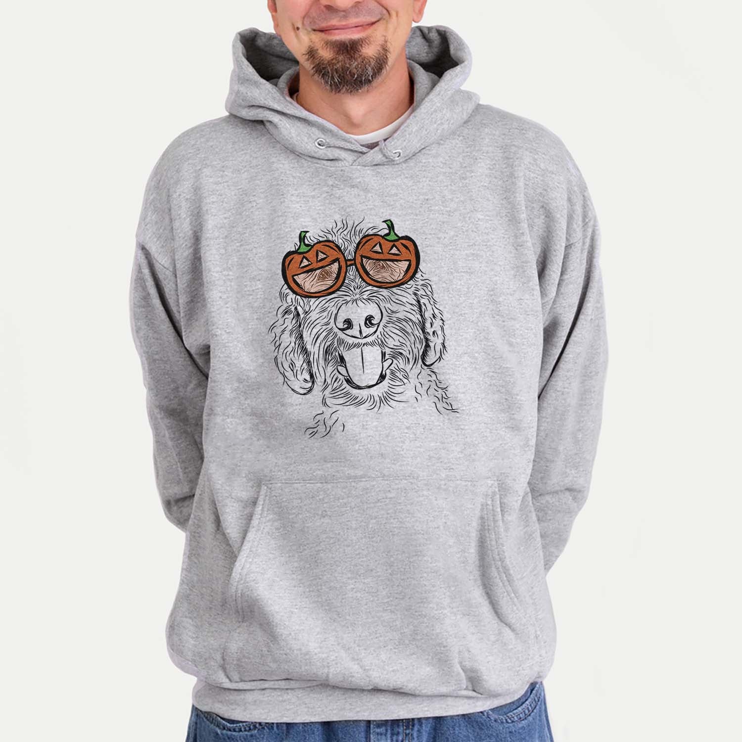 Hand-drawn sketch of Dixie the Doodle wearing pumpkin glasses on a Grey pumpkin collection, hanging on a wall