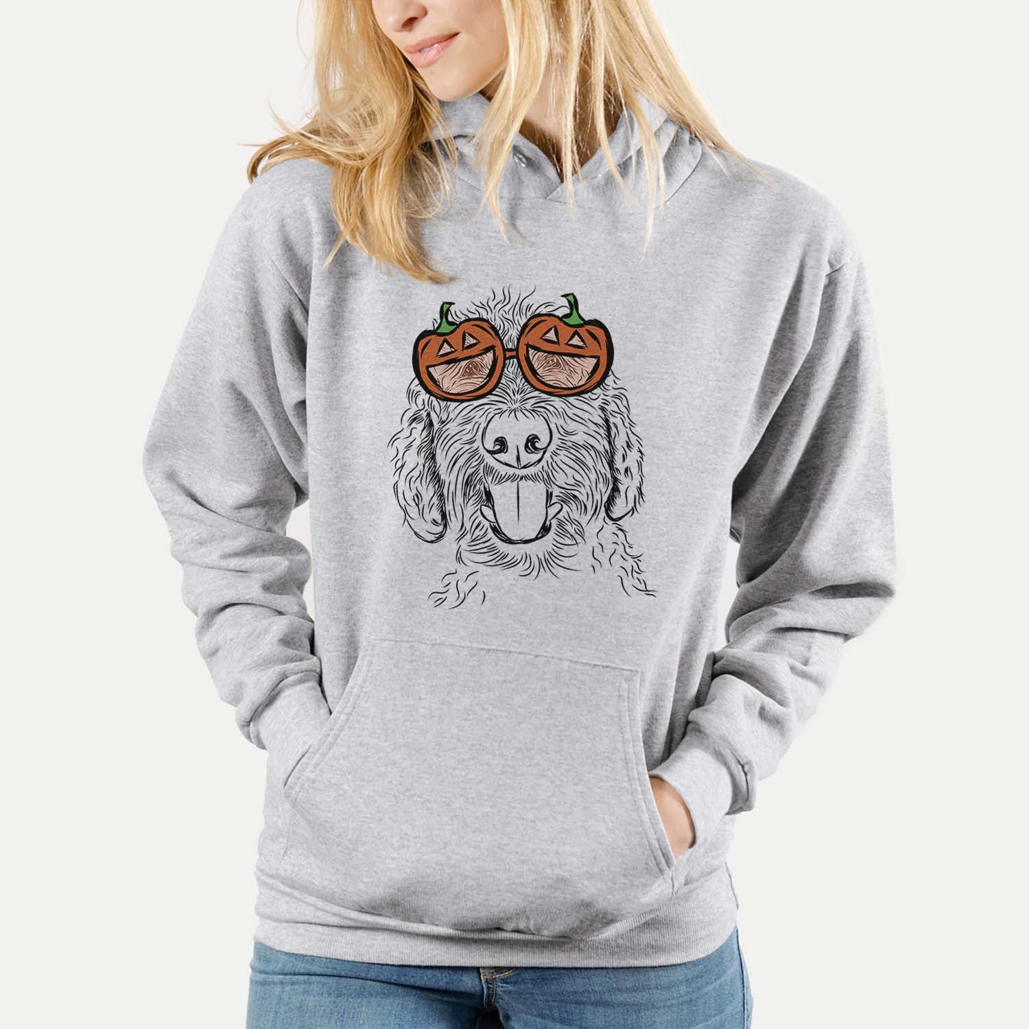 Hand-drawn sketch of Dixie the Doodle wearing pumpkin glasses on a Grey pumpkin collection