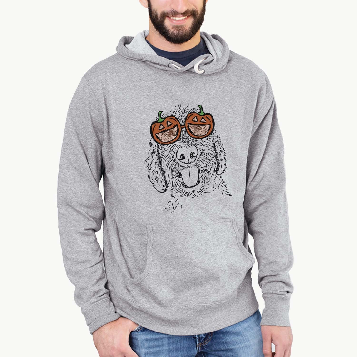 Hand-drawn sketch of Dixie the Doodle wearing pumpkin glasses on a Grey pumpkin collection