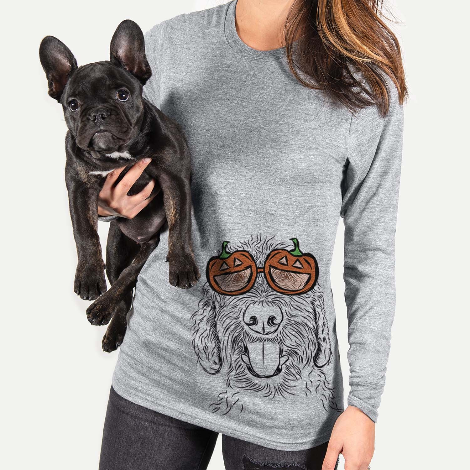 Hand-drawn sketch of Dixie the Doodle wearing pumpkin glasses on a Grey pumpkin collection
