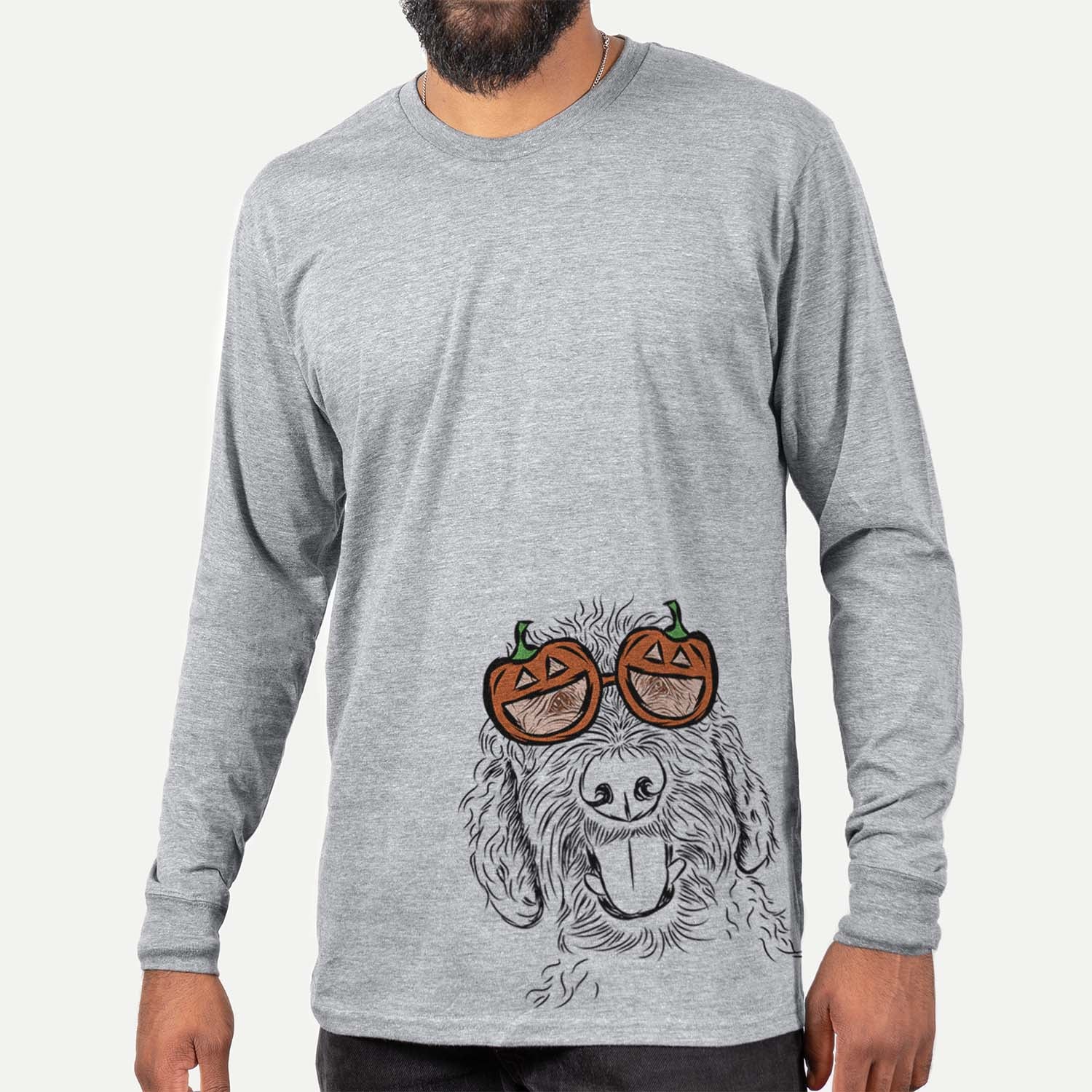Hand-drawn sketch of Dixie the Doodle wearing pumpkin glasses on a Grey pumpkin collection, hanging on a wall