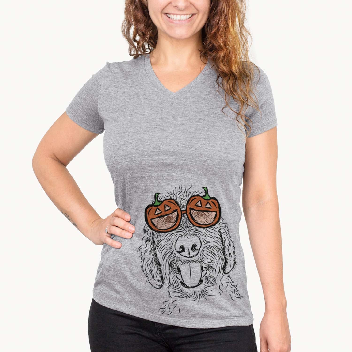 Hand-drawn sketch of Dixie the Doodle wearing pumpkin glasses on a Grey pumpkin collection